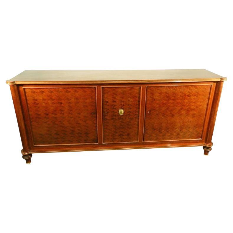 Jules Leleu, Walnut Sideboard with Three Diamond Marquetry Design Doors For Sale