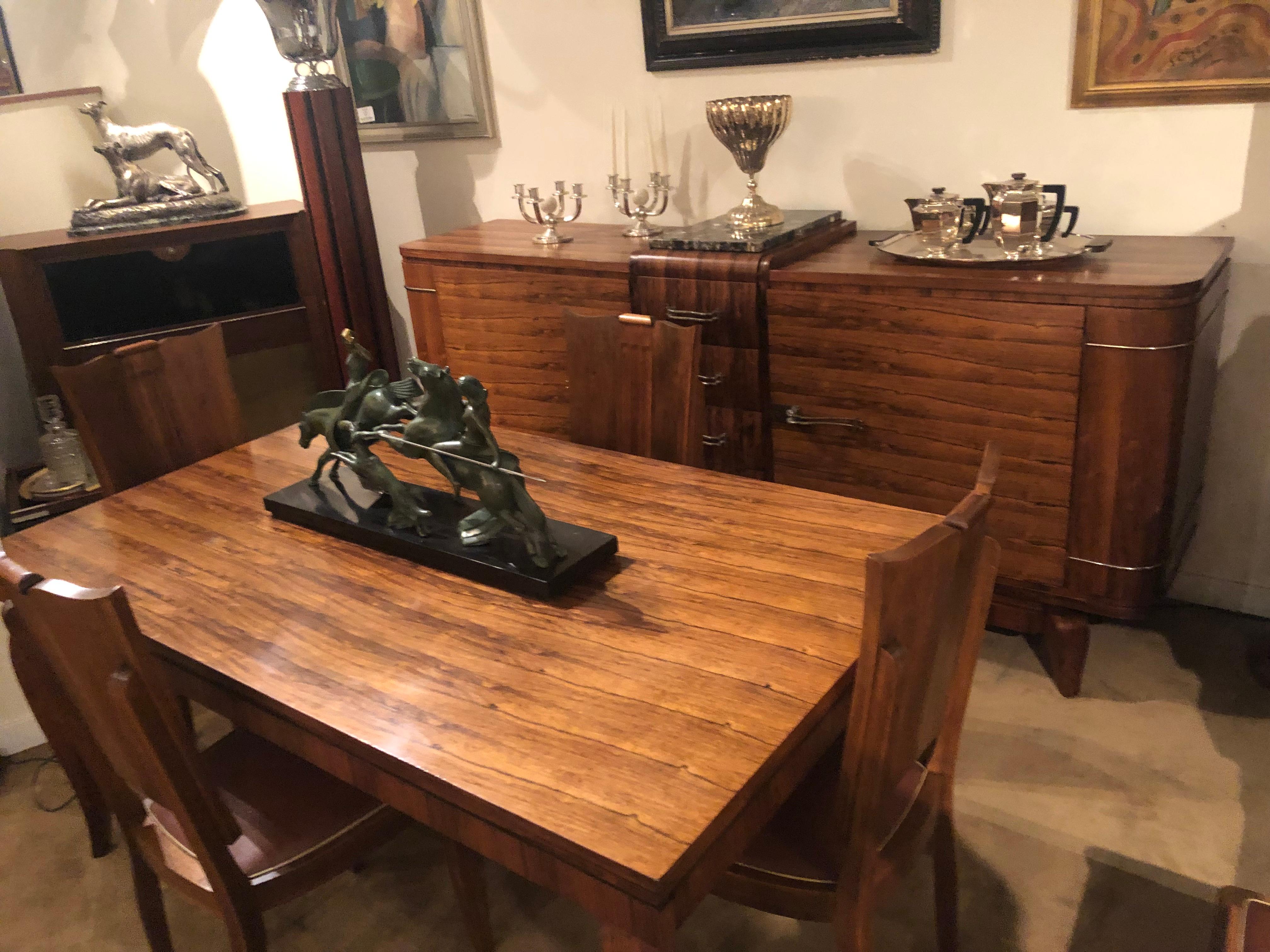 French Art Deco Dining Room Suite Buffet, Table 6 Chairs attrib. to Jule Leleu In Good Condition In Oakland, CA