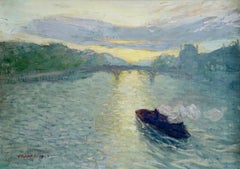 La Seine au Soleil Levant - Impressionist Oil, Riverscape by Jules Leon Flandrin