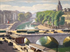 Pont Saint Michel, Paris – Impressionistisches Ölgemälde, Flusslandschaft von Jules Leon Flandrin