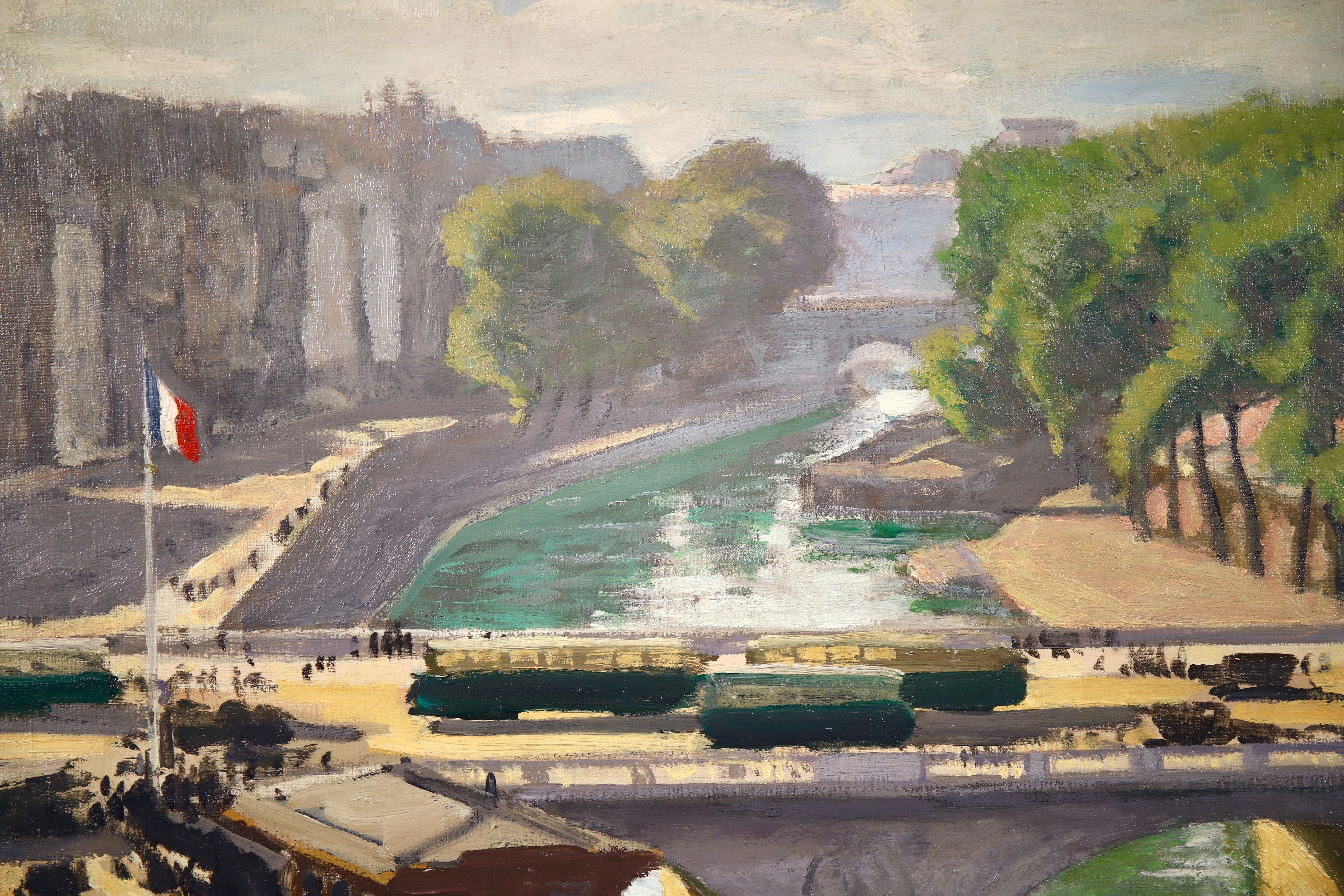 Signed oil on canvas dated 1924 by French impressionist painter Jules Leon Flandrin. This stunning piece depicts the scenery of the bridge Pont Saint Michel over the River Seine in Paris, France. Brushed perfectly with great use of colour and