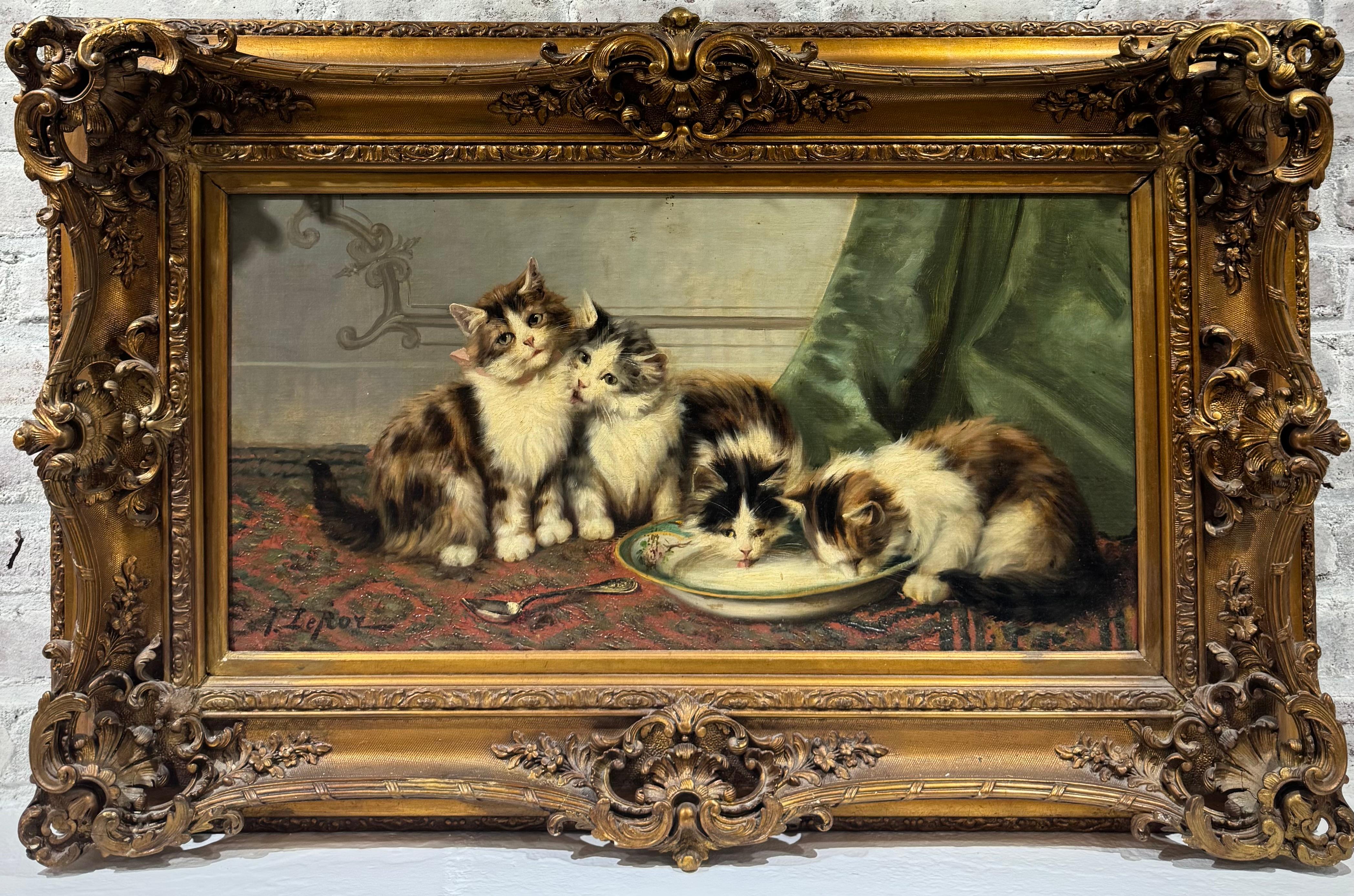French BELLE EPOQUE Fancy Gold Frame PLAYFUL KITTENS Oil painting - Painting de Jules Leroy