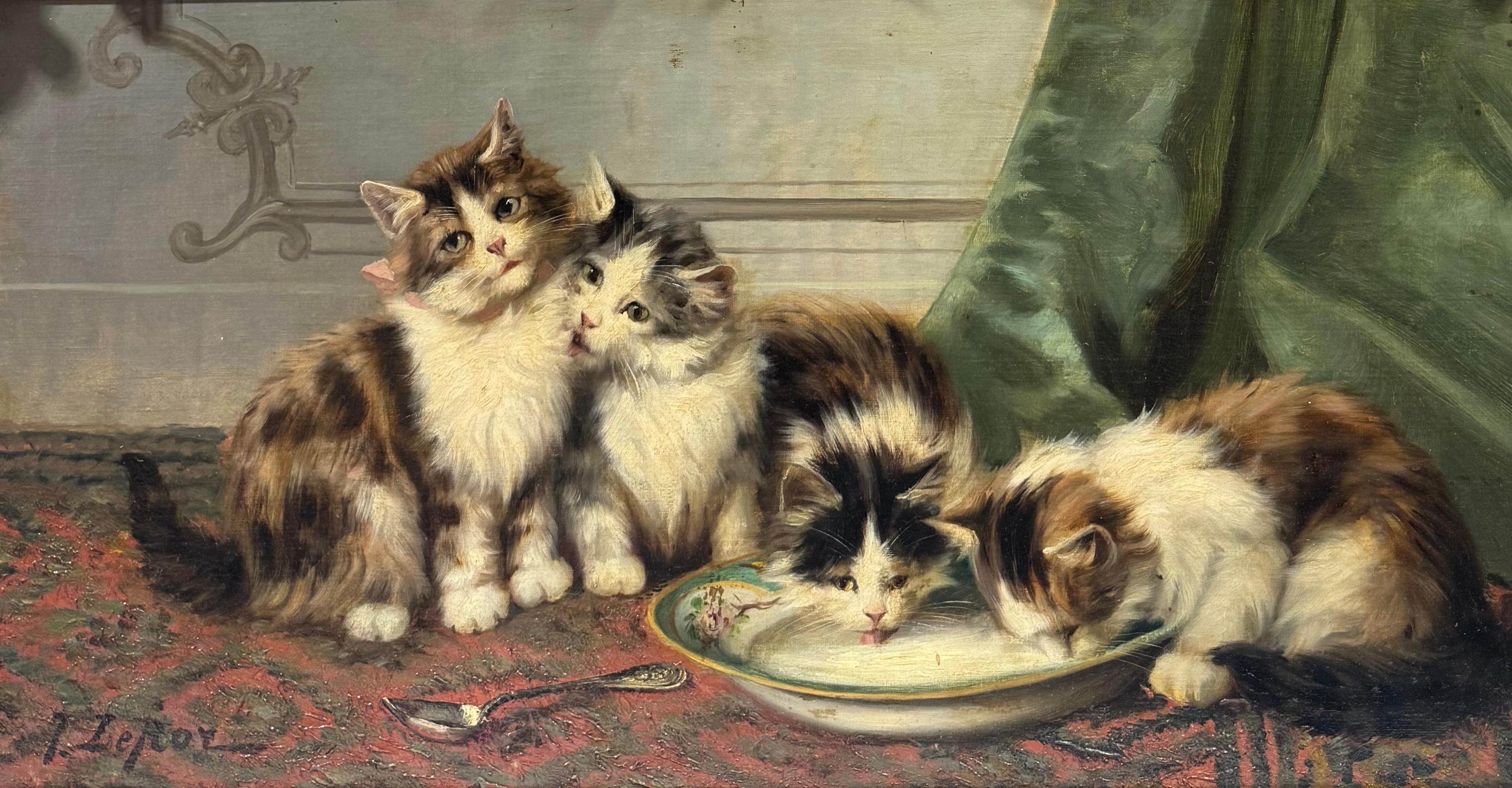 French BELLE EPOQUE Fancy Gold Frame PLAYFUL KITTENS Oil painting - Painting Realista de Jules Leroy