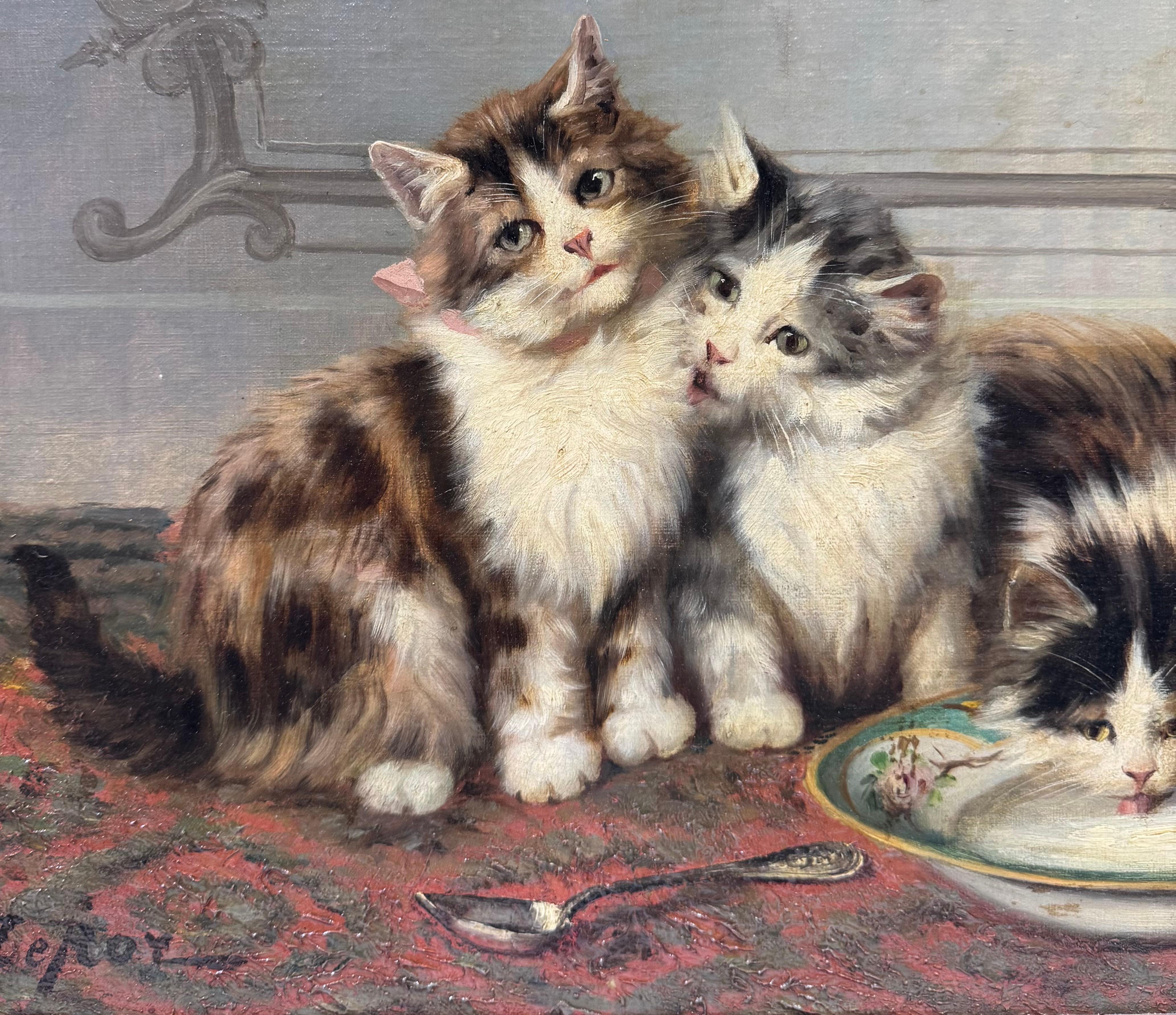 French BELLE EPOQUE Fancy Gold Frame PLAYFUL KITTENS Oil painting - Animal Painting Marrón de Jules Leroy