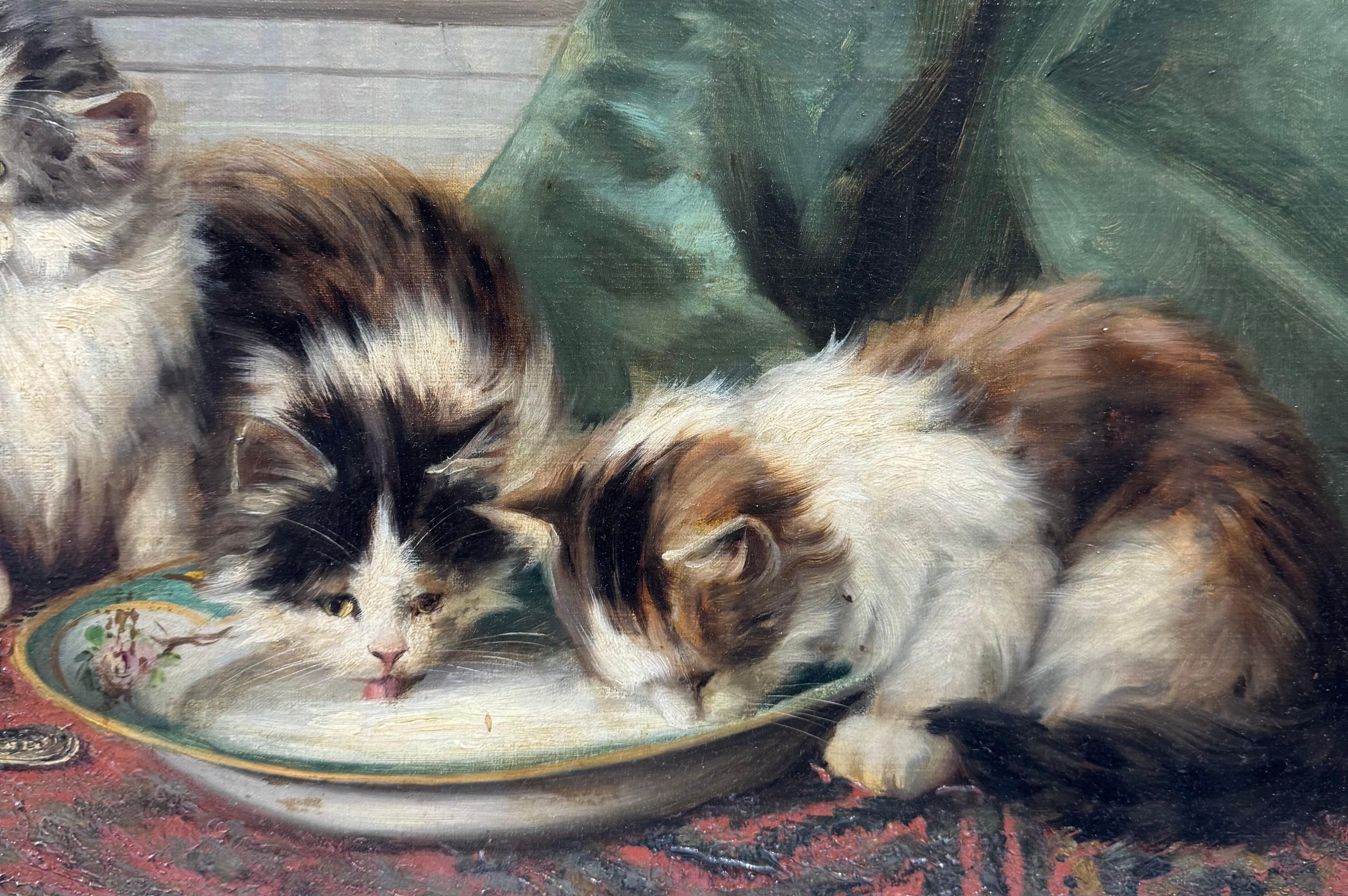 French BELLE EPOQUE Fancy Gold Frame PLAYFUL KITTENS Oil painting en venta 1