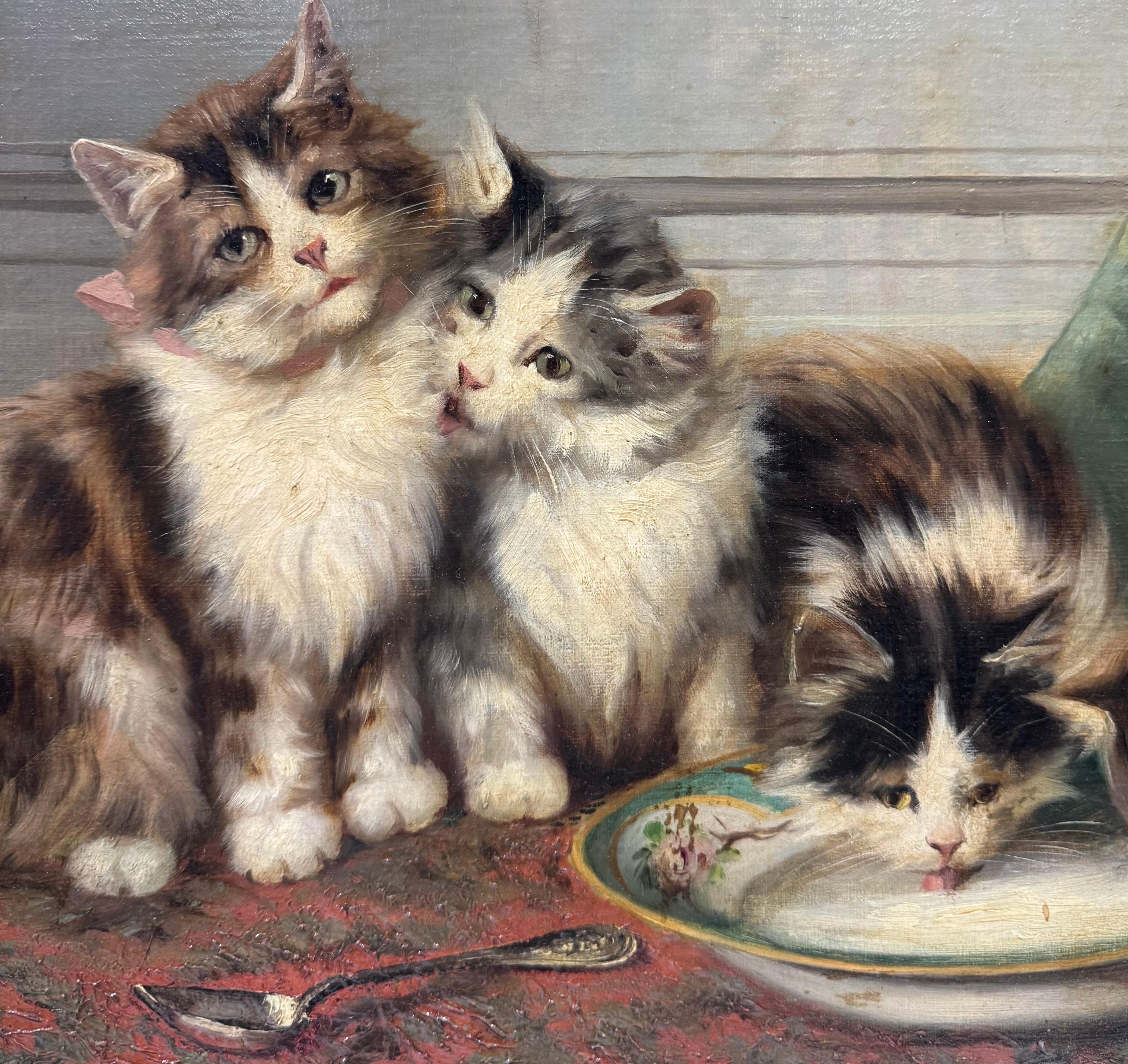 French BELLE EPOQUE Fancy Gold Frame PLAYFUL KITTENS Oil painting en venta 2
