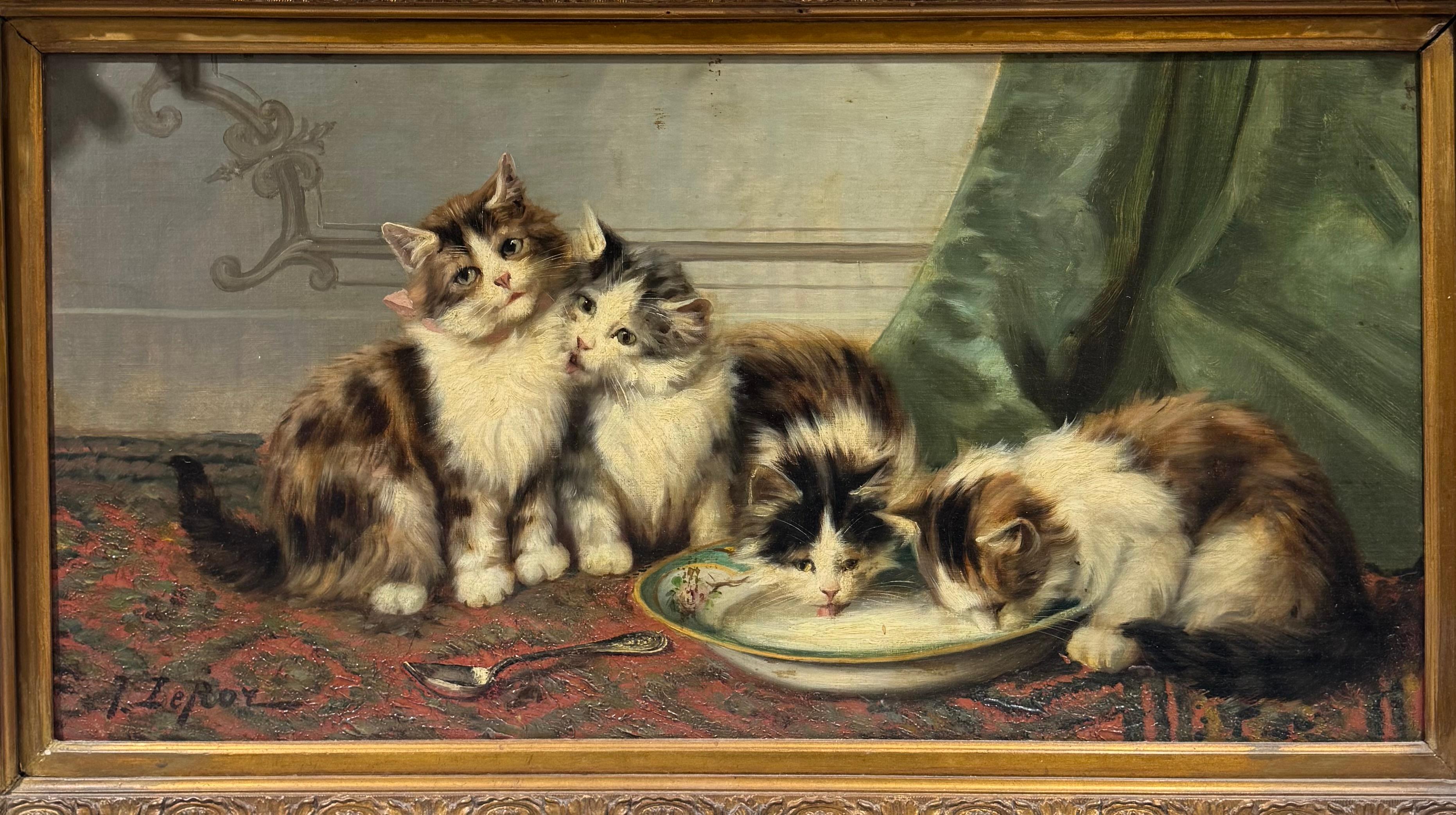 French BELLE EPOQUE Fancy Gold Frame PLAYFUL KITTENS Oil painting en venta 3