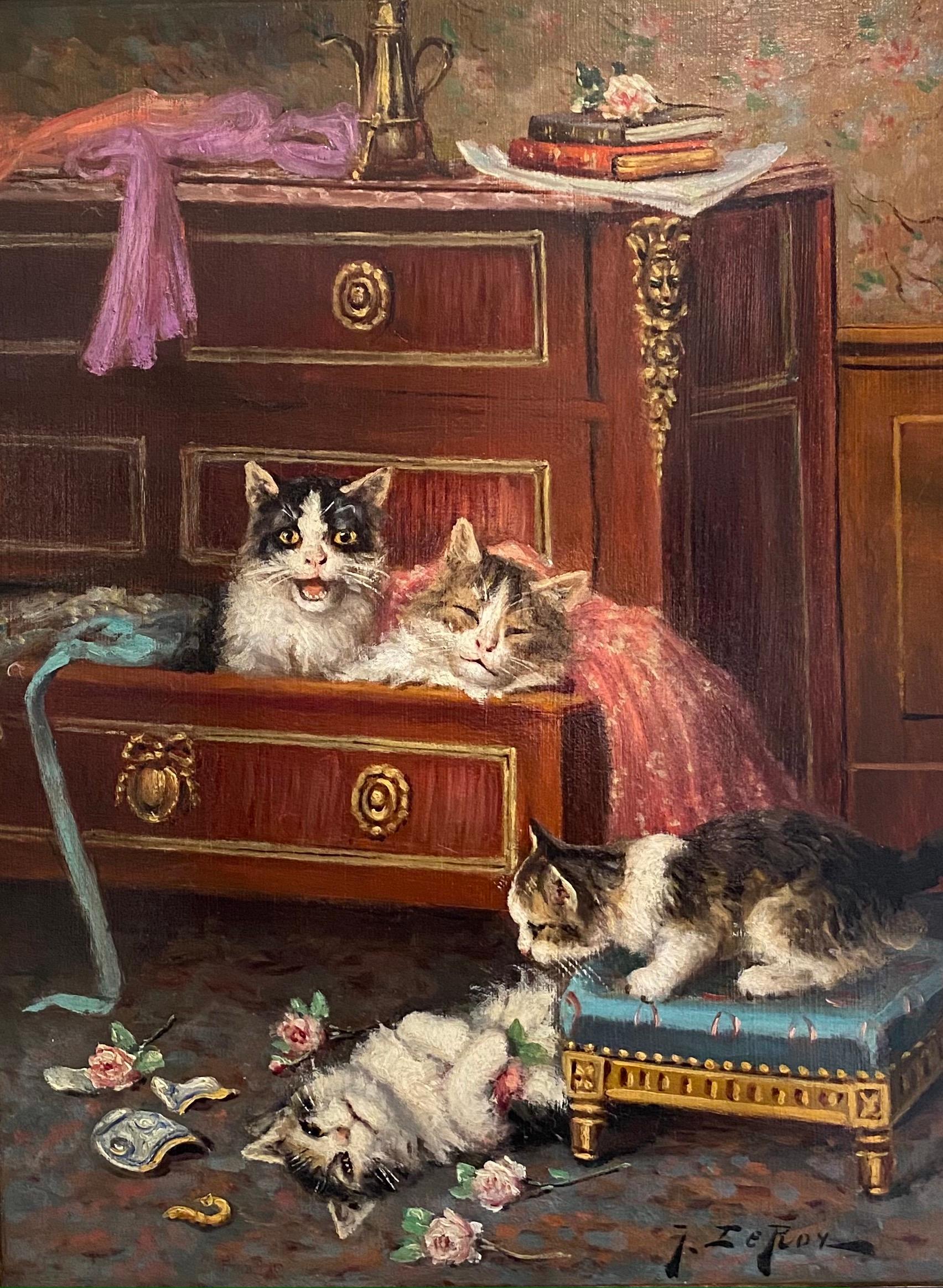 'Kittens' a charming oil on canvas by well known cat artist Jules Leroy. Showing 4 kittens playing in an interior setting, surrounded by clothing, scarfs and fine furniture. Beautifully detailed showing jewels and bursting with colour throughout the