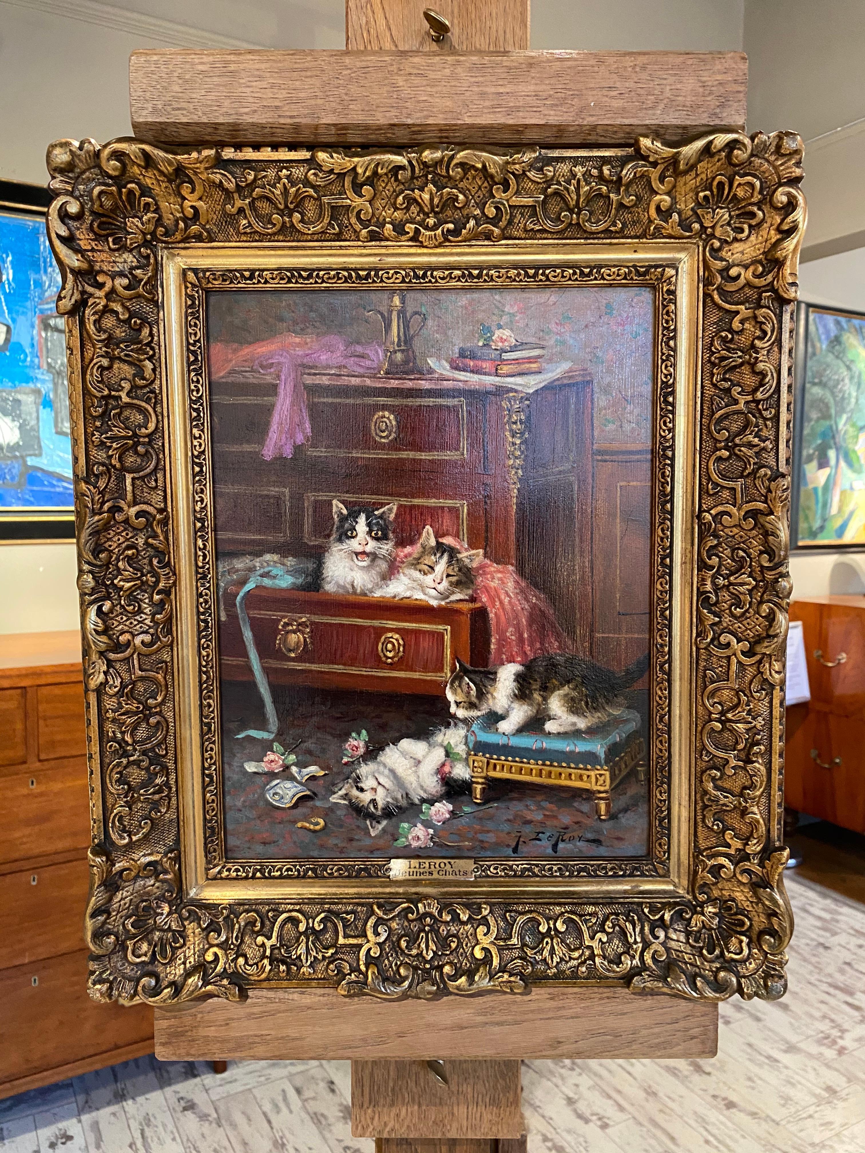 Jules Leroy Interior Painting - 'Kittens' Interior 20th century painting of 4 cats playing, red, blue, purple 