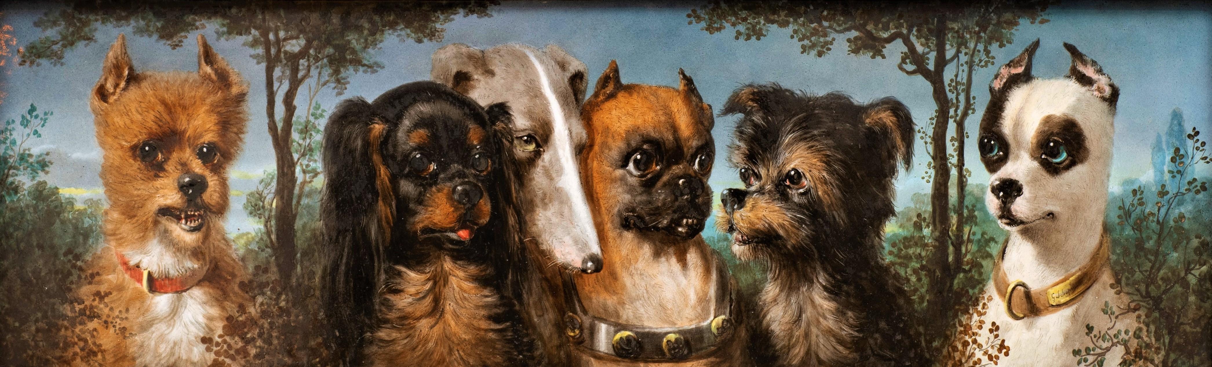Portrait ancien de 6 chiens sur porcelaine de la Maison Pichenot-Loebnitz vers 1870 - Painting de Jules Loebnitz