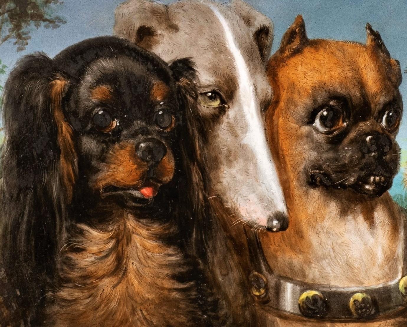 Portrait ancien de 6 chiens sur porcelaine de la Maison Pichenot-Loebnitz vers 1870 - École française Painting par Jules Loebnitz