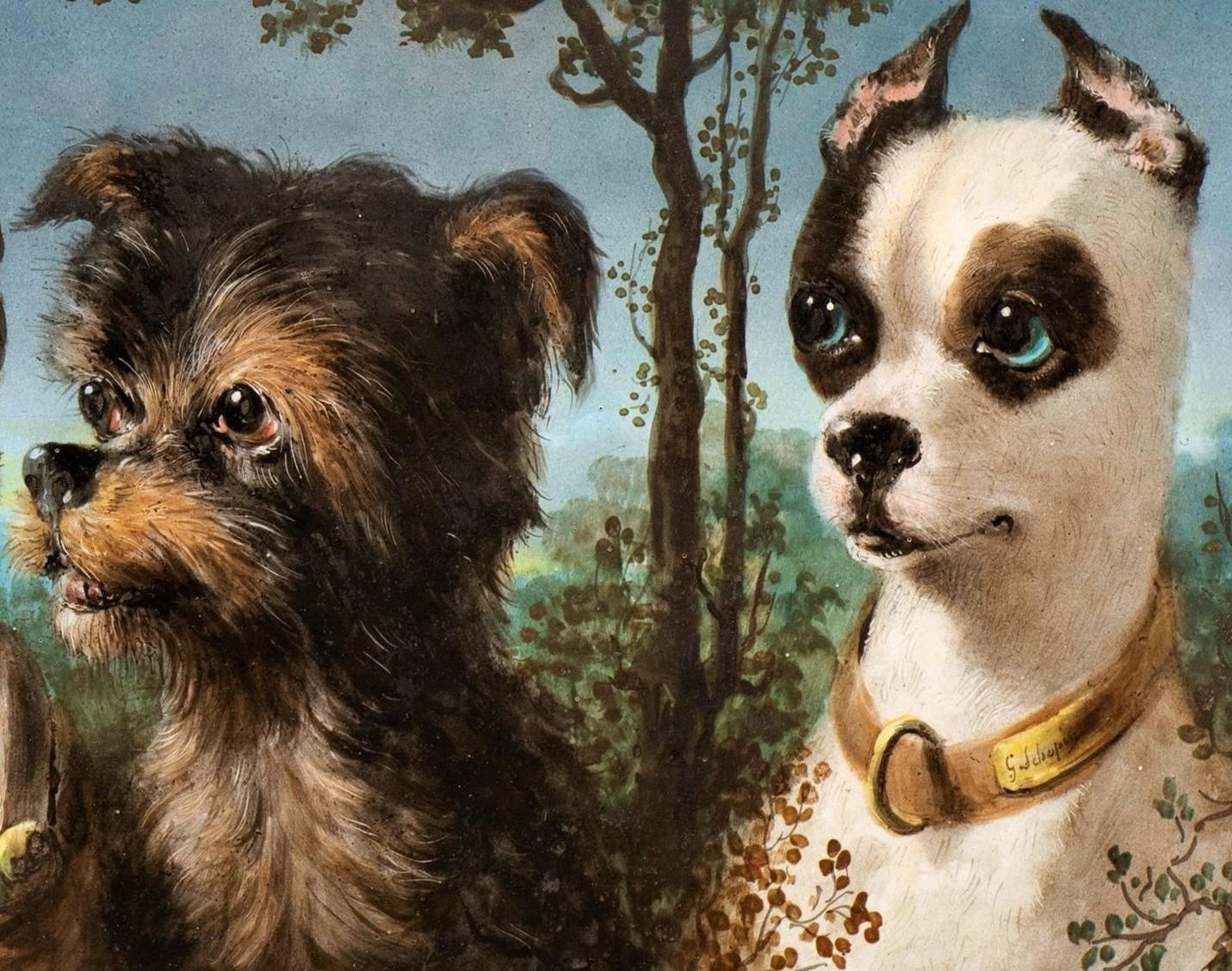 Portrait ancien de 6 chiens sur porcelaine de la Maison Pichenot-Loebnitz vers 1870 - Noir Portrait Painting par Jules Loebnitz