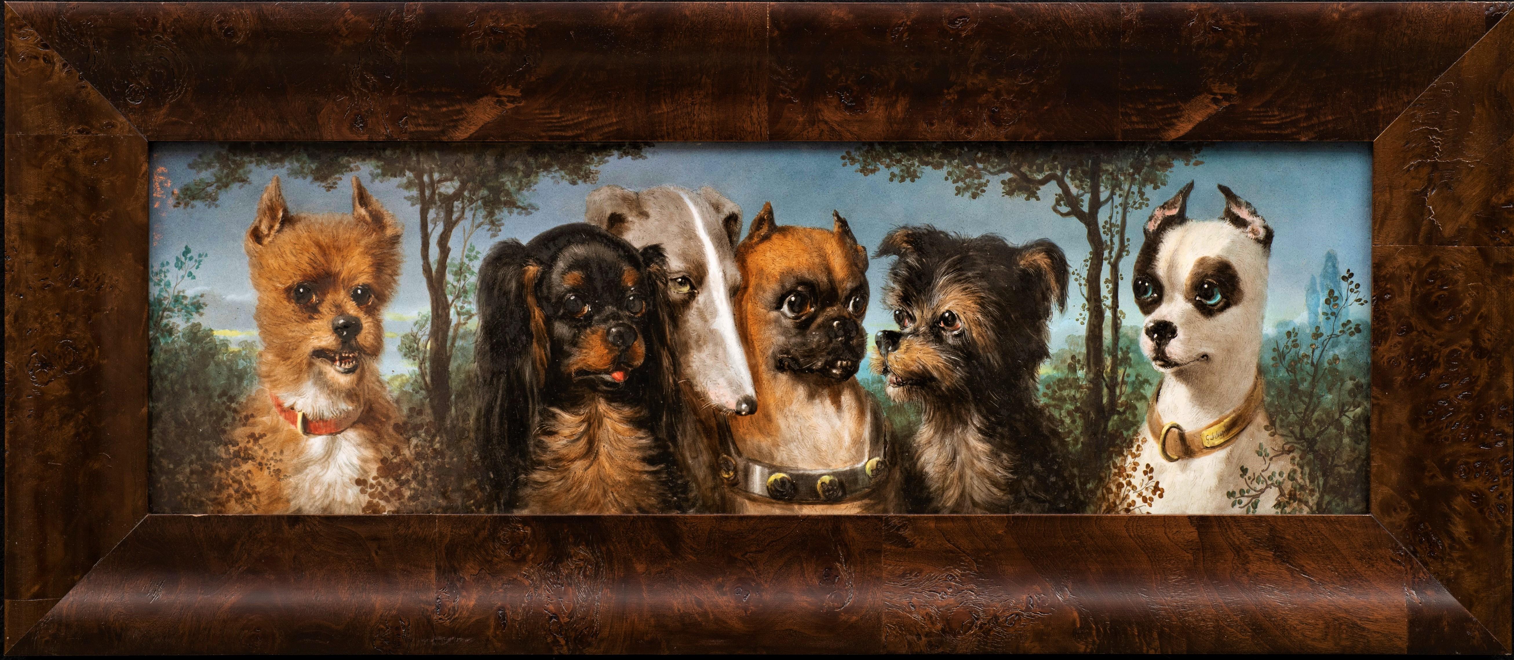 Portrait Painting Jules Loebnitz - Portrait ancien de 6 chiens sur porcelaine de la Maison Pichenot-Loebnitz vers 1870