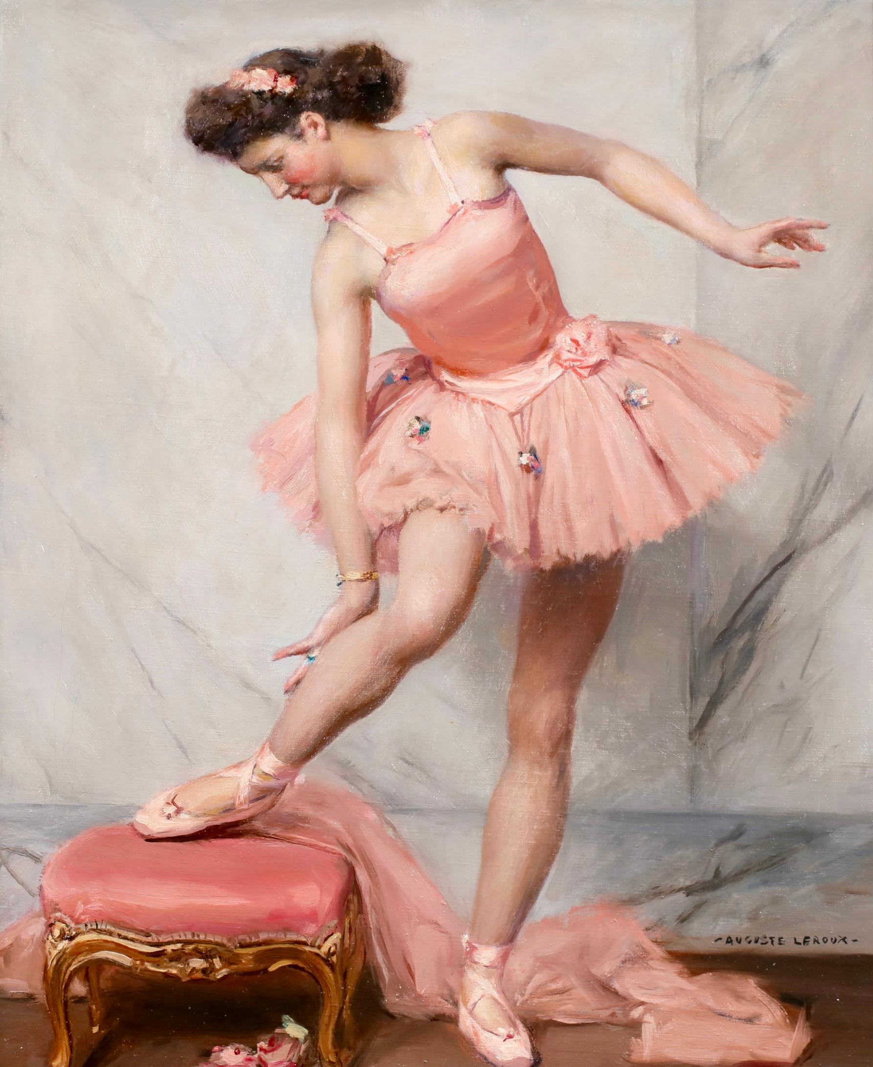 Une Ballerine - Realist Figurative Oil Painting by Auguste Leroux - Brown Figurative Painting by Jules Marie Auguste Leroux
