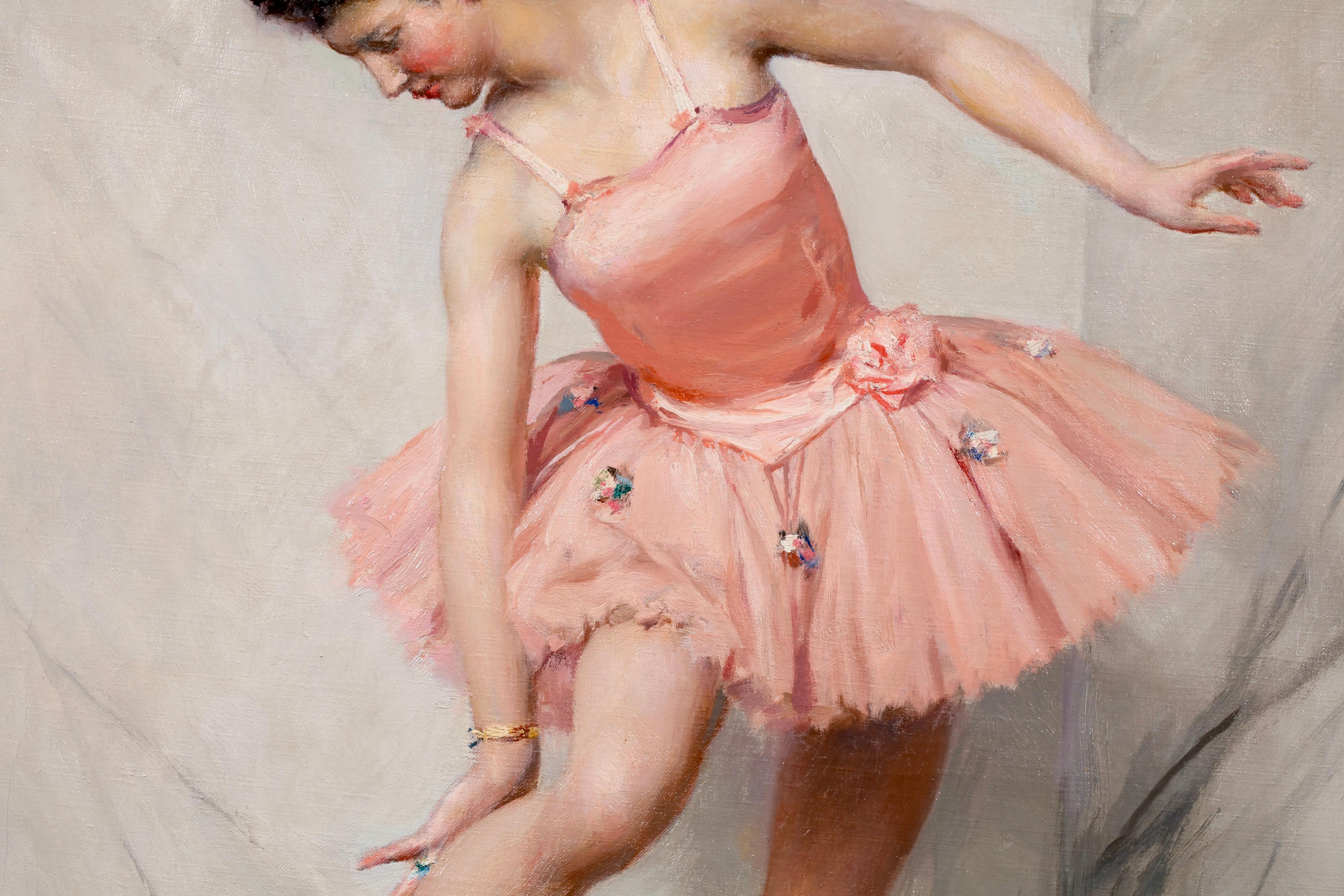 Signed oil on canvas figure in interior circa 1930 by French realist painter Jules Marie Auguste Leroux. The work depicts a brunette ballerina wearing a pink tutu and pointe shoes stood in front of a marble wall.

Signature:
Signed lower