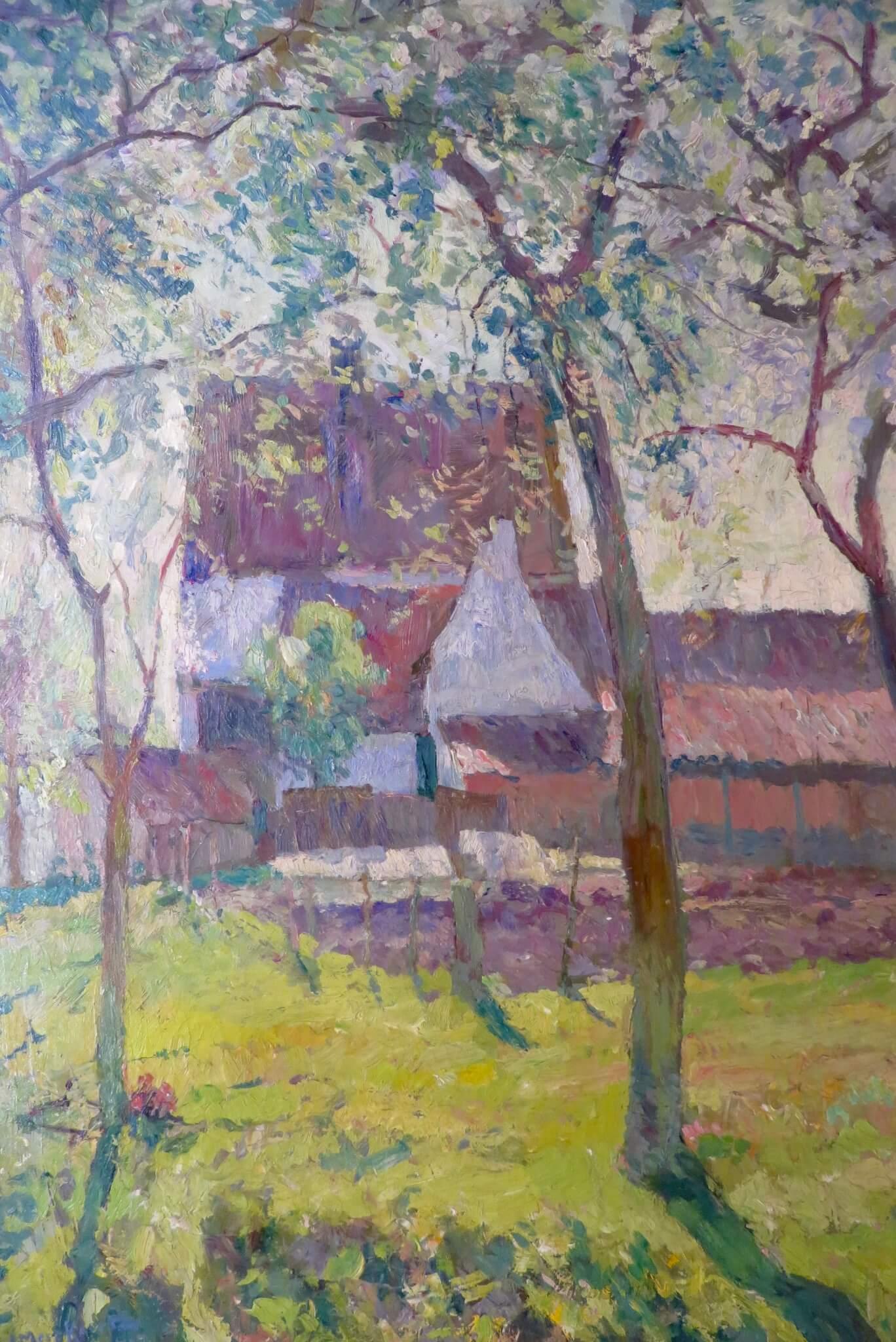 Jules Merckaert (1872-1924) Paysage de ferme française PEINTURE A L'HUILE ANTIQUE en vente 1