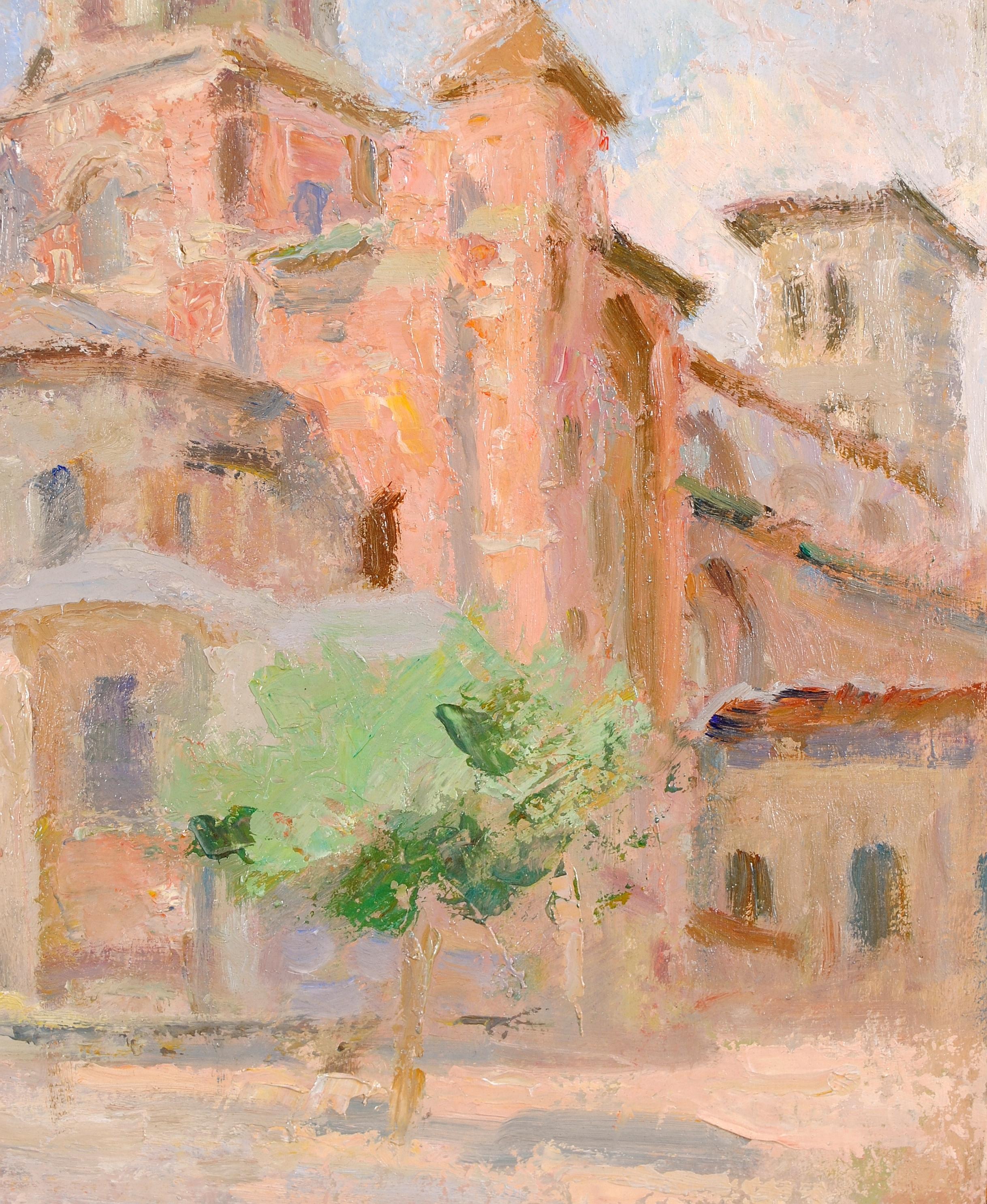 Un hermoso óleo postimpresionista francés sobre tabla  de Jules Merle que representa edificios iluminados por el sol con una figura solitaria, probablemente Provenza.

La obra está muy bien pintada, con unas pinceladas de empaste preciosas. Firmado
