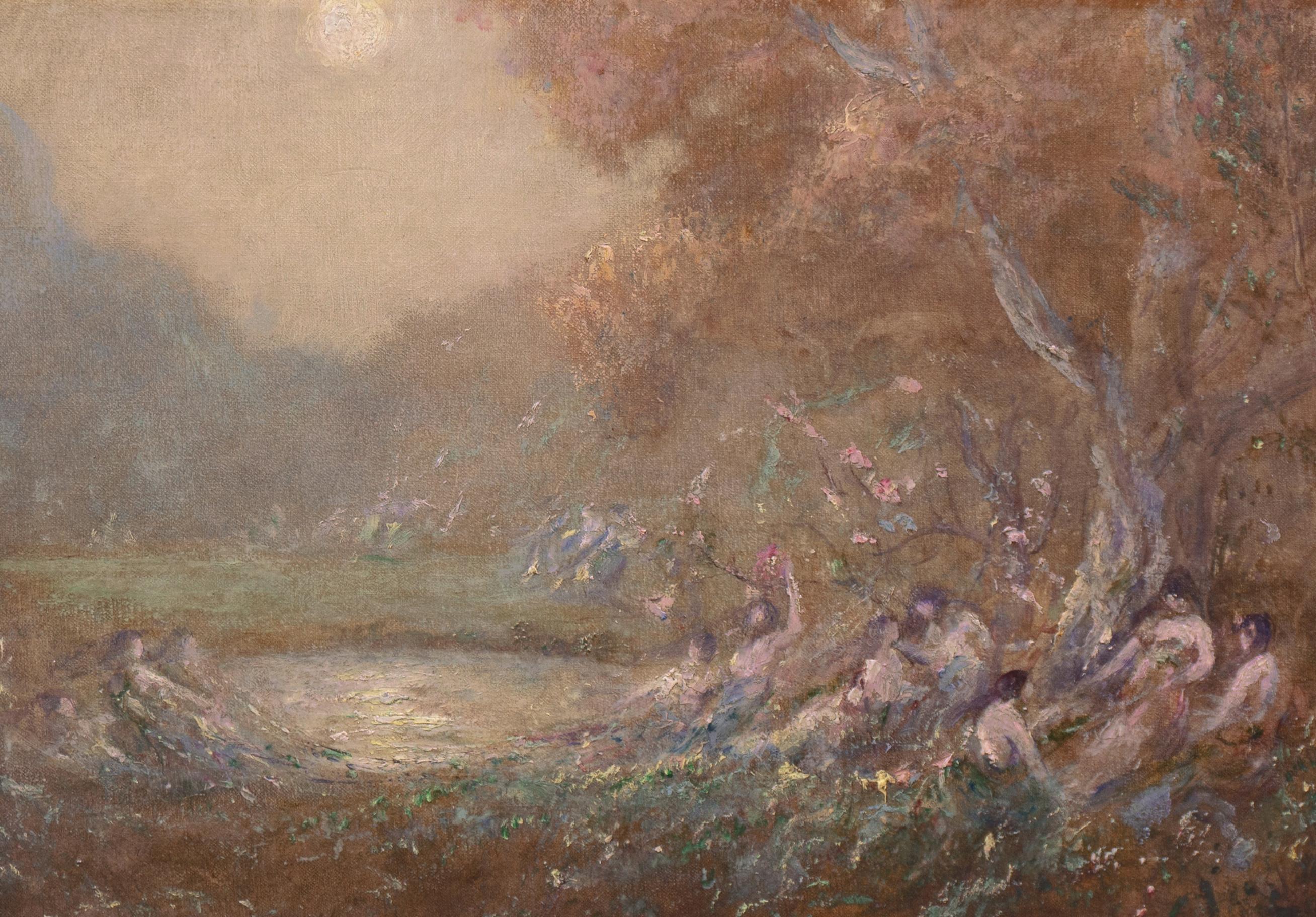 'Nymphs by Moonlight', Luminist Oil, Art Institute of Chicago, Oakland Museum - Painting by Jules Mersfelder
