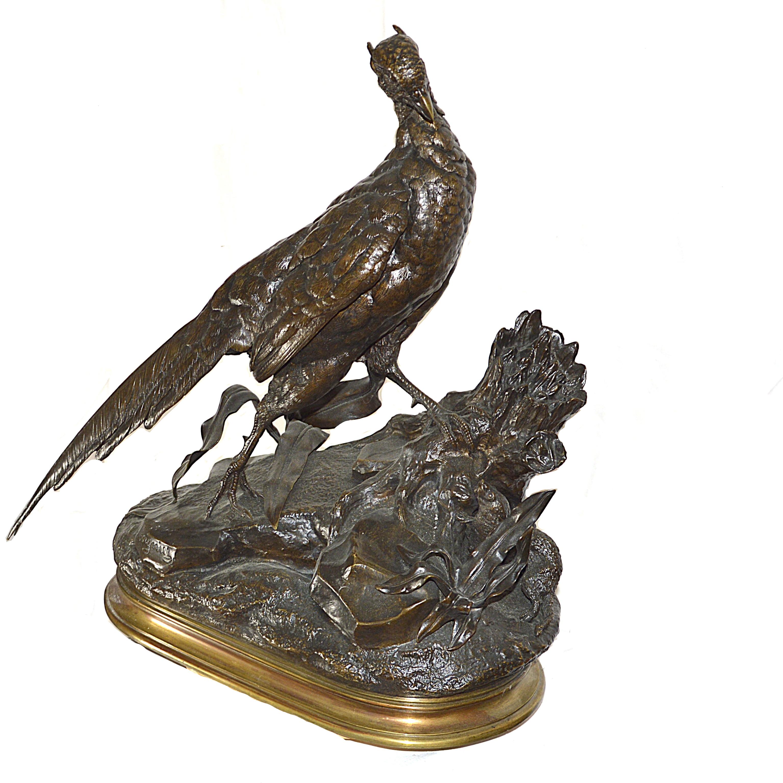 Jules Moigniez Animalier, Bronzeskulptur von Fasan und Wiesel – Sculpture von Jules Moigniez (1835 – 1894)