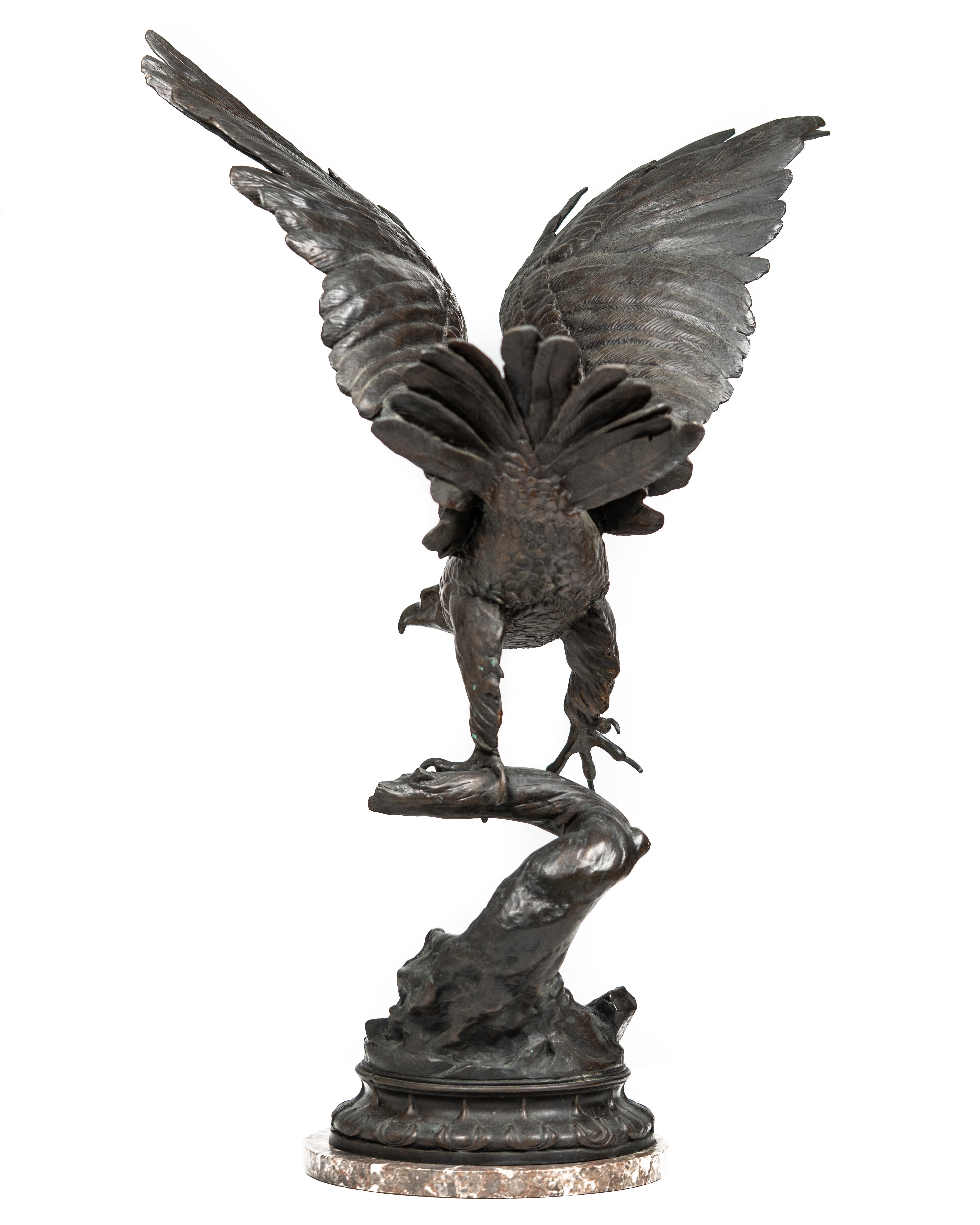 Jules Moigniez, (French, 1835-1894) bronze sculpture of an eagle on marble base. Signed to base of bronze, J. Moigniez.