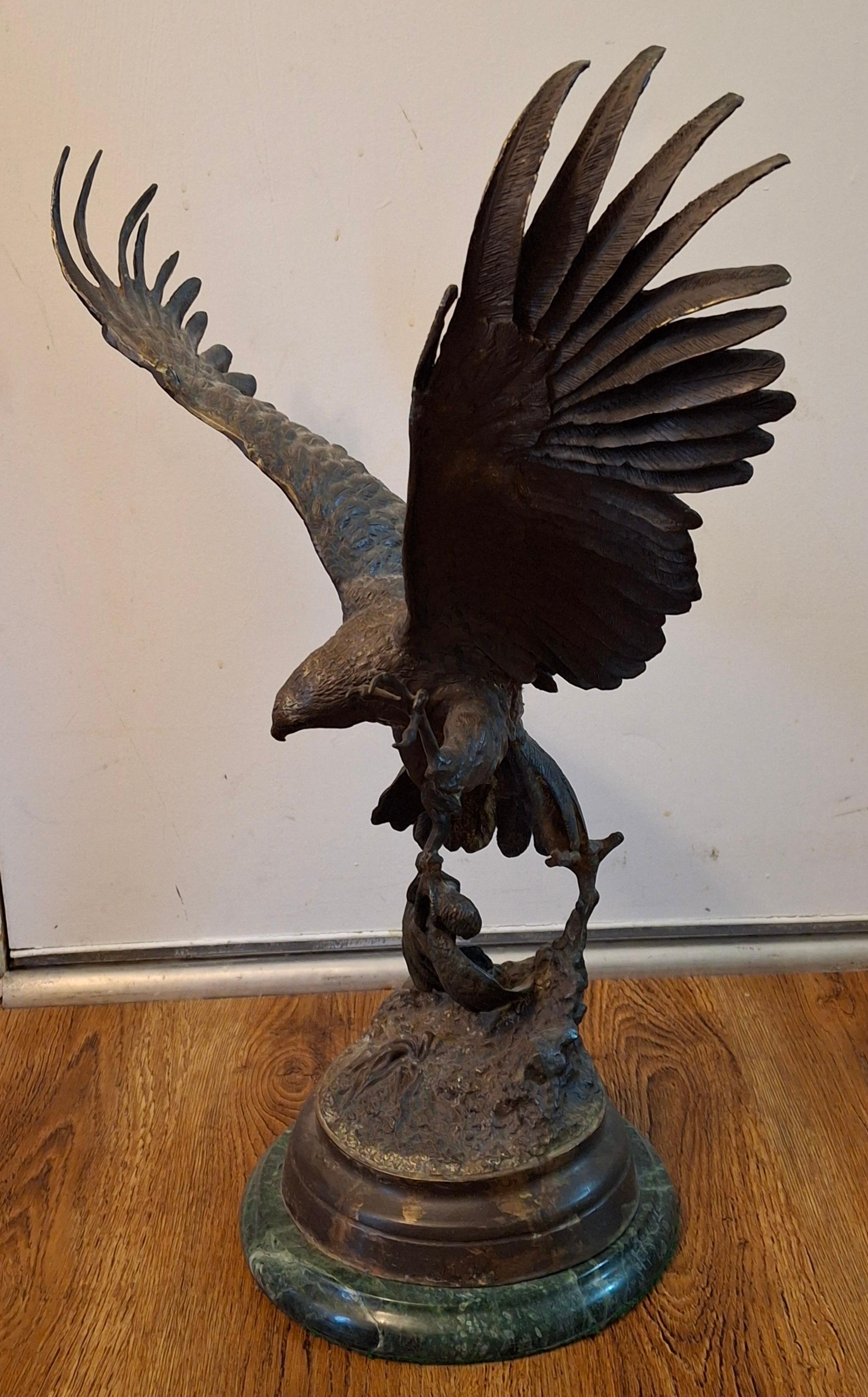 Metalwork Jules Moigniez (French 1834 - ) Bronze Figure of Eagle on Marble Plinth, Signed For Sale