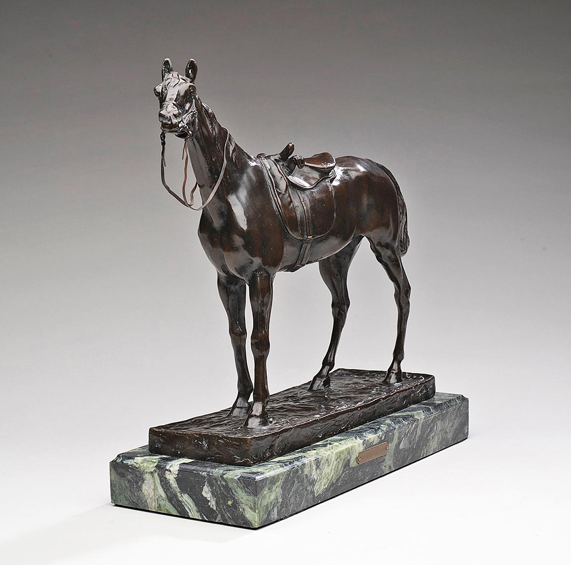 Bronze Horse Portrait with a Woman's Saddle
Jules Moigniez (French, 1835-1894)
Cast Bronze on green marble plinth
Marked J. Moigniez
Height of 11 ¾; length base 13 ¼; width 5 1/8 inches.
Ex: Patricia Ann Black Smyth (1925-2018), Santa Fe, New