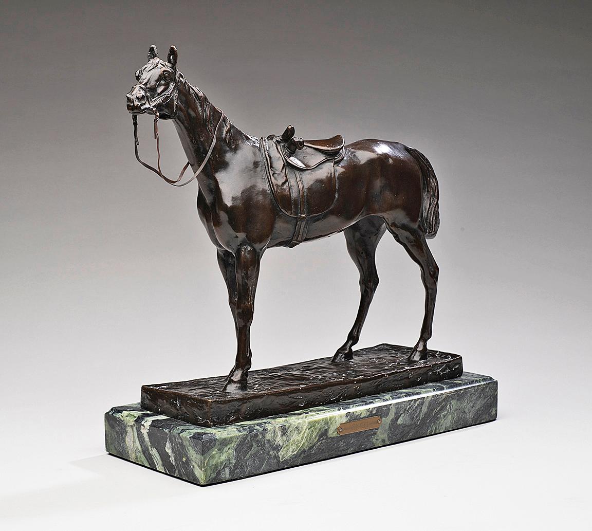 Bronze Horse Portrait with a Woman's Saddle
Jules Moigniez (French, 1835-1894)
Cast Bronze on green marble plinth
Marked J. Moigniez
Height of 11 ¾; length base 13 ¼; width 5 1/8 inches.
Ex: Patricia Ann Black Smyth (1925-2018), Santa Fe, New