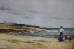 Landscape Oil Painting, Antique French Woman & Dog Coastal Painting