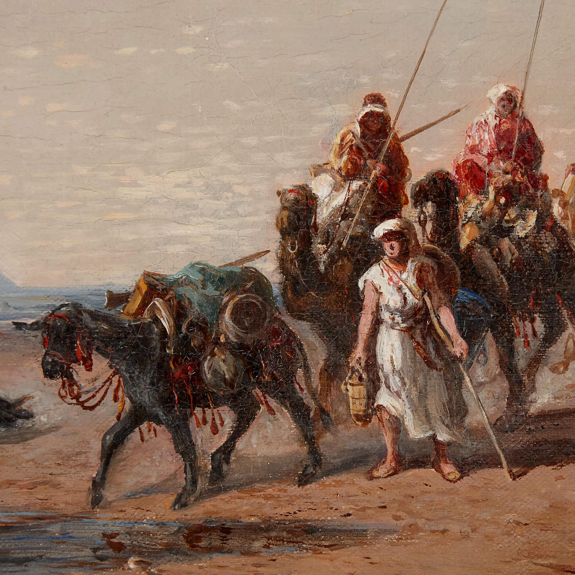 Pintura al óleo antigua de Noël sobre un paisaje egipcio - Figurative Painting Marrón de Jules Noel