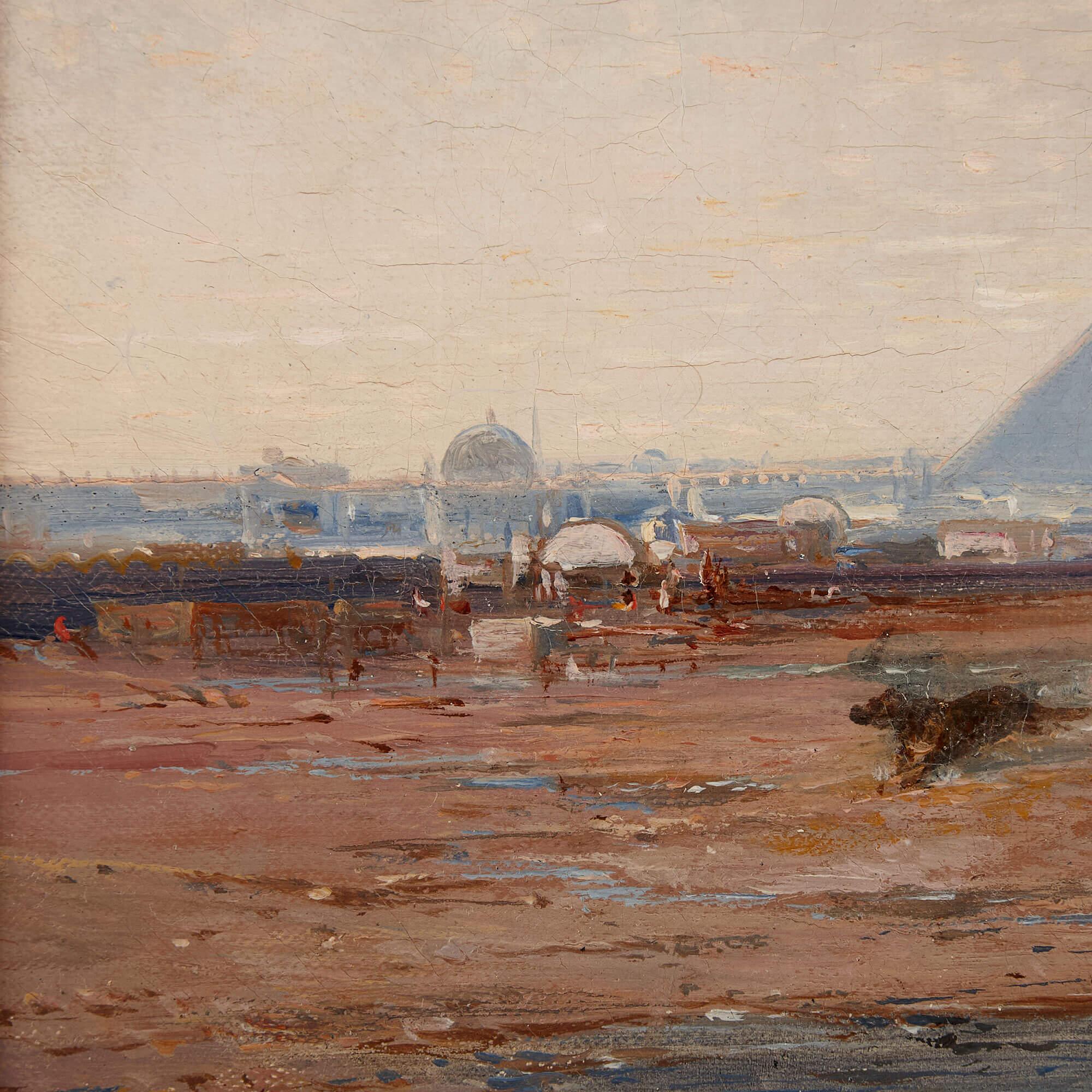Antiguo óleo de paisaje egipcio de Noël
Francés, siglo XIX
Lienzo: Alto 28 cm, ancho 38 cm
Armazón: Altura 48 cm, anchura 58 cm, profundidad 6 cm

Este impresionante paisaje orientalista es obra del artista francés Jules Achille Noël (1810-1881).