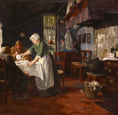 A Breton Lunch - 19th Century Oil, Figures in Interior by Jules Eugene Pages