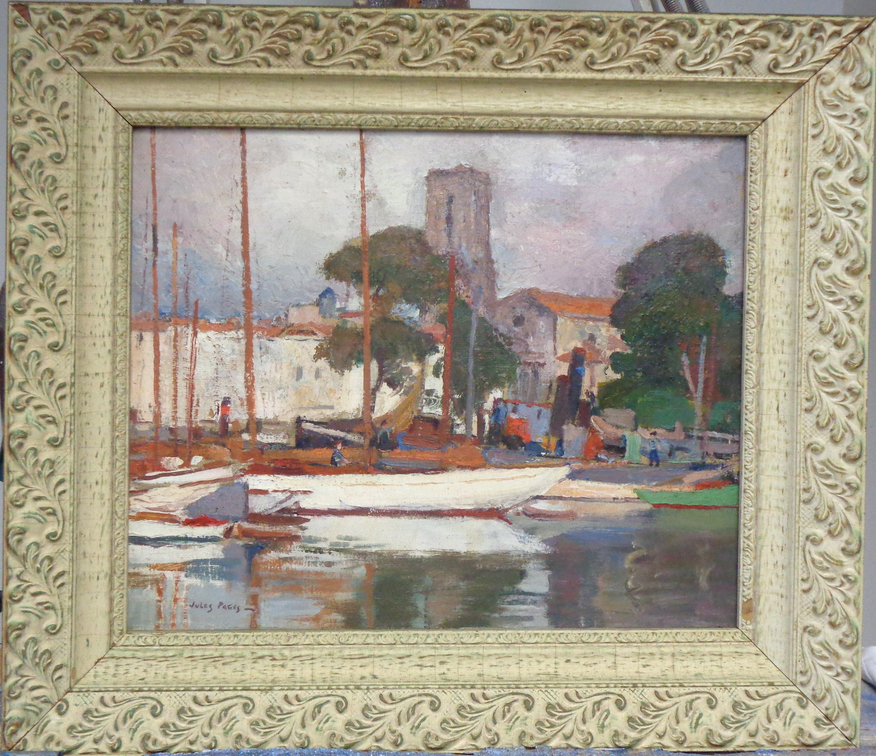 Jules Pages, American Impressionist 
Marine, La Rochelle, France
oil/canvas signed LL
13 x 16 unframed, 18 x 21 framed.
An oil painting on canvas by Jules Pages showing a French scene from La Rochelle, France, as written verso. The painting is in