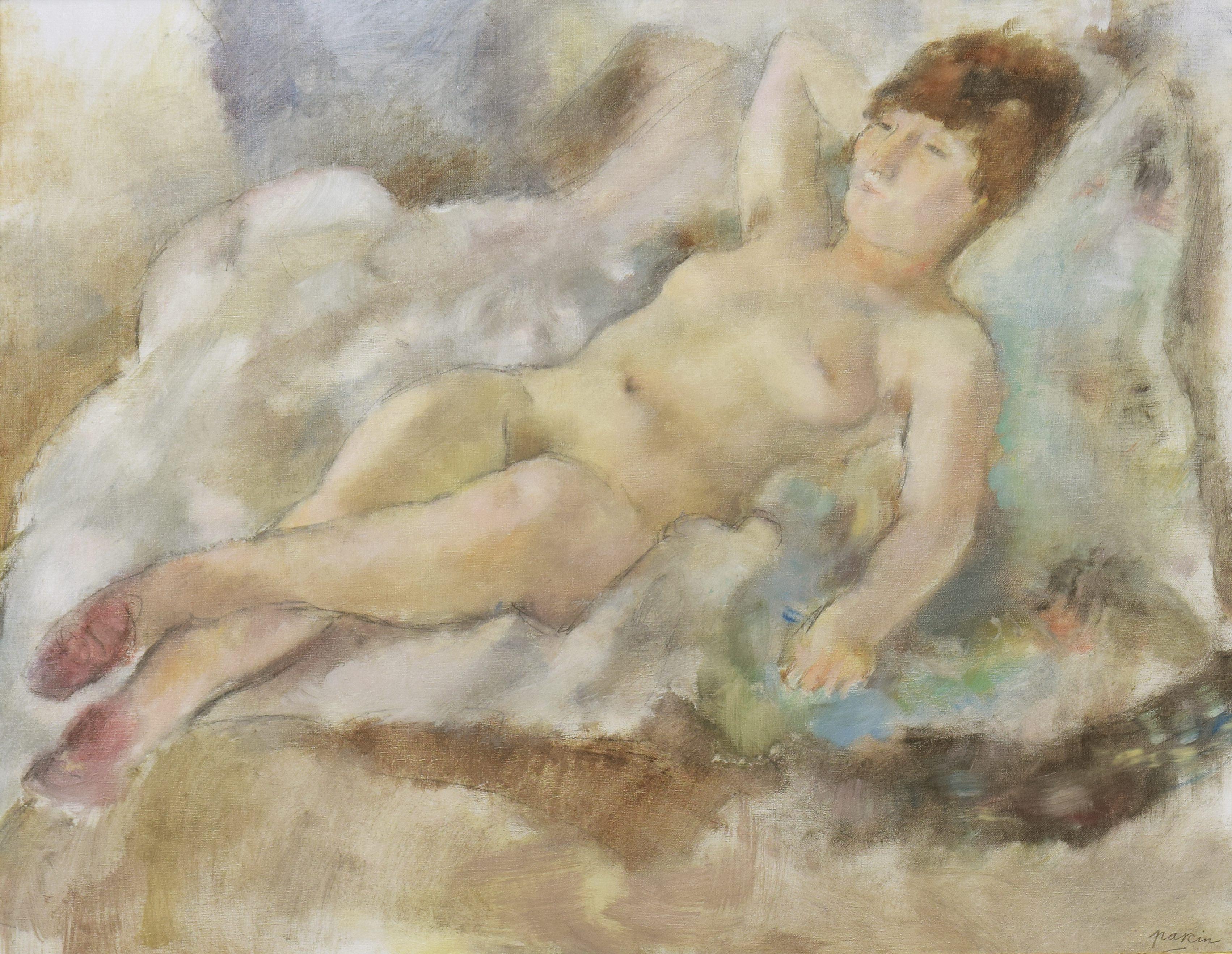 Jules Pascin Portrait Painting - Rebecca Couchée by JULES PASCIN - School of Paris, Nude Painting, Figurative Art