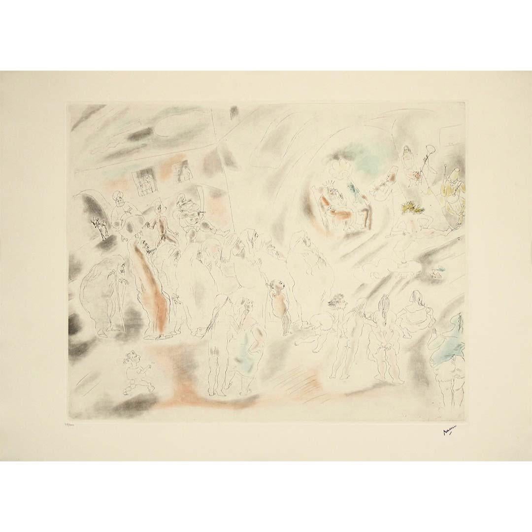 This refined 1930 aquatint by Jules Pascin, titled Salomé dansant devant le roi Hérode, offers a poetic and dream-like interpretation of the biblical scene of Salome before King Herod. Rather than focusing on dramatic theatrics or literal narration,