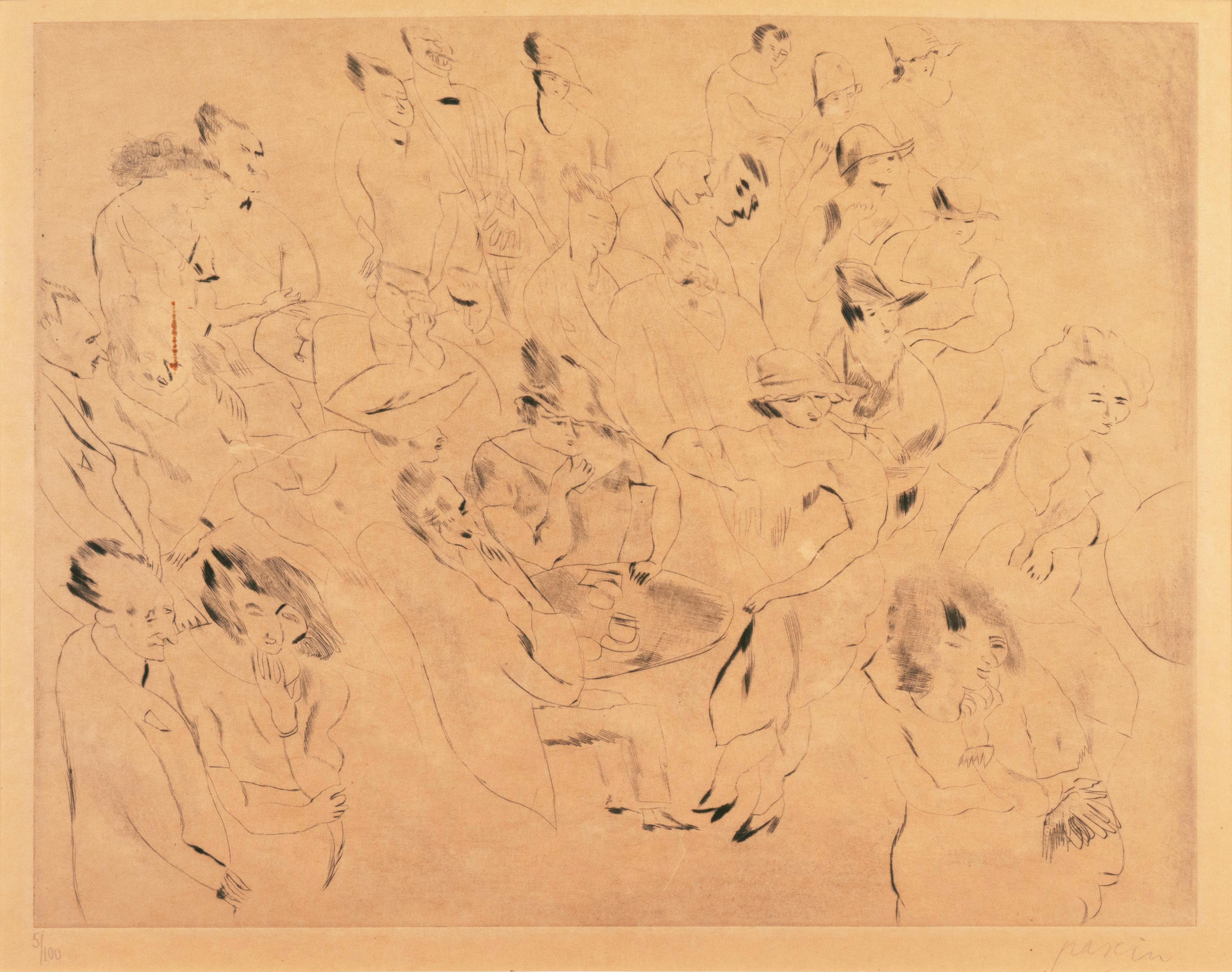 School of Paris etching, 'At the Cafe' by the Prince of Montparnasse - Print by Jules Pascin