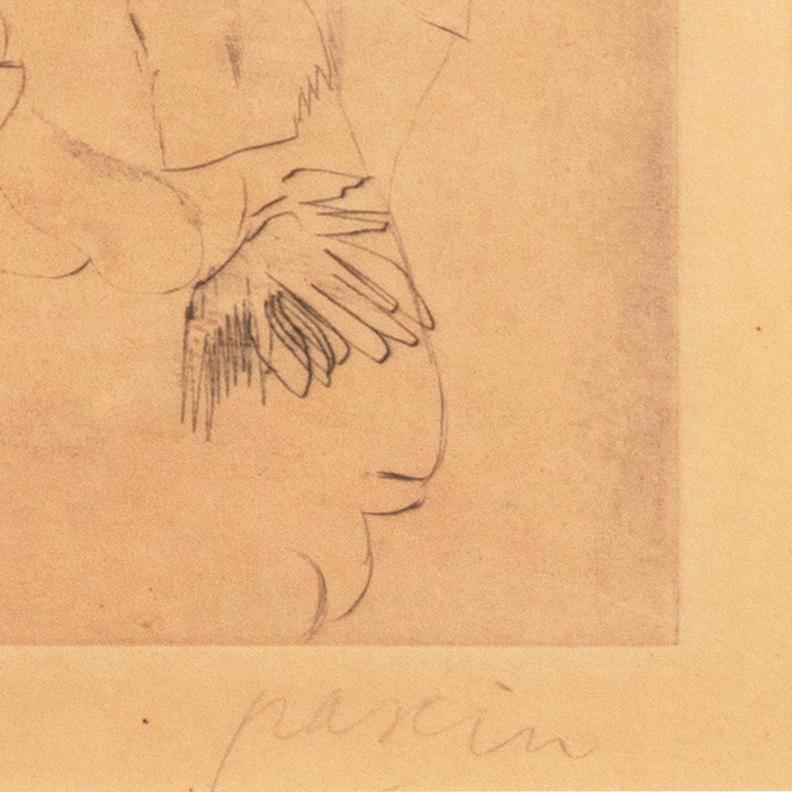 School of Paris etching, 'At the Cafe' by the Prince of Montparnasse - Orange Figurative Print by Jules Pascin