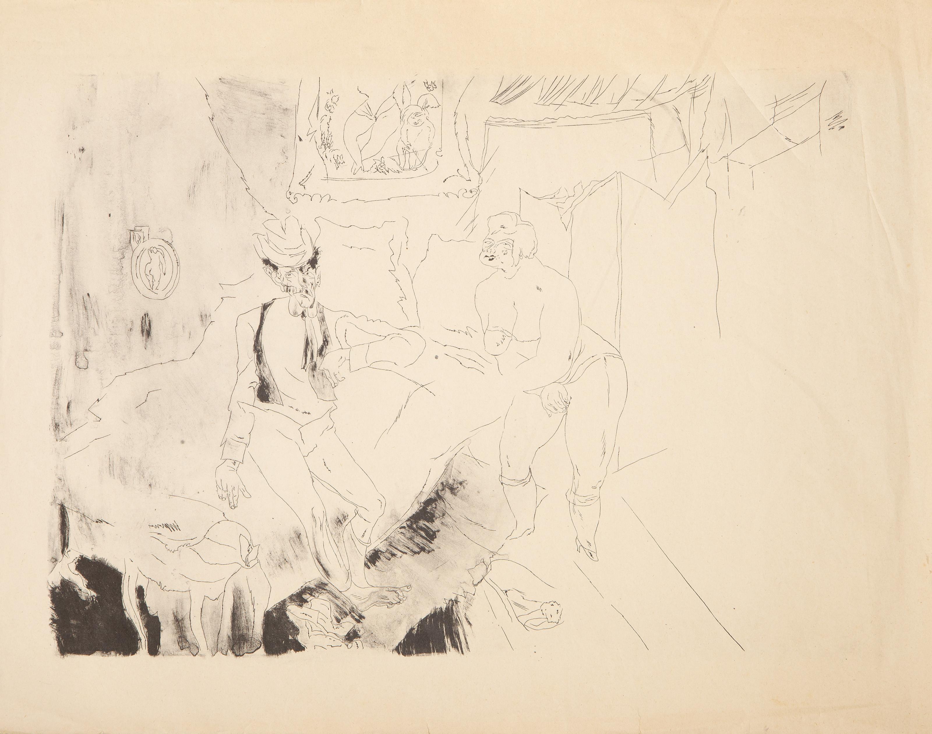  Jules Pascin, Bulgare/Français (1885 - 1930) -  Chambre à coucher intérieure, Médium : Gravure sur papier tissé fin, Taille de l'image : 11.75 x 16 pouces, Taille : 14.5 x 18.5 in. (36.83 x 46.99 cm), Description : Provenant de la Collection de feu