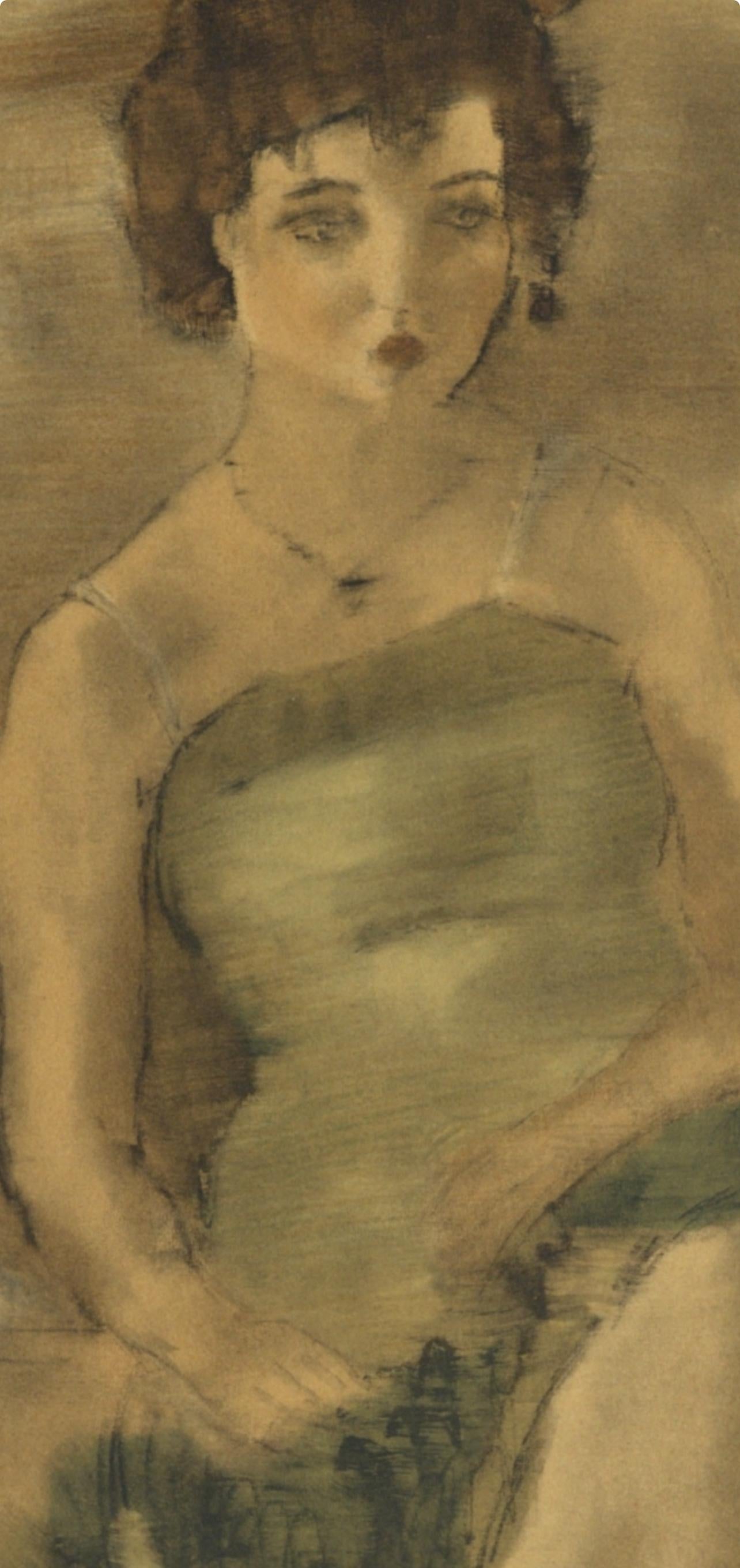 Pascin, La Dame en vert, Pascin (after) - Brown Figurative Print by Jules Pascin