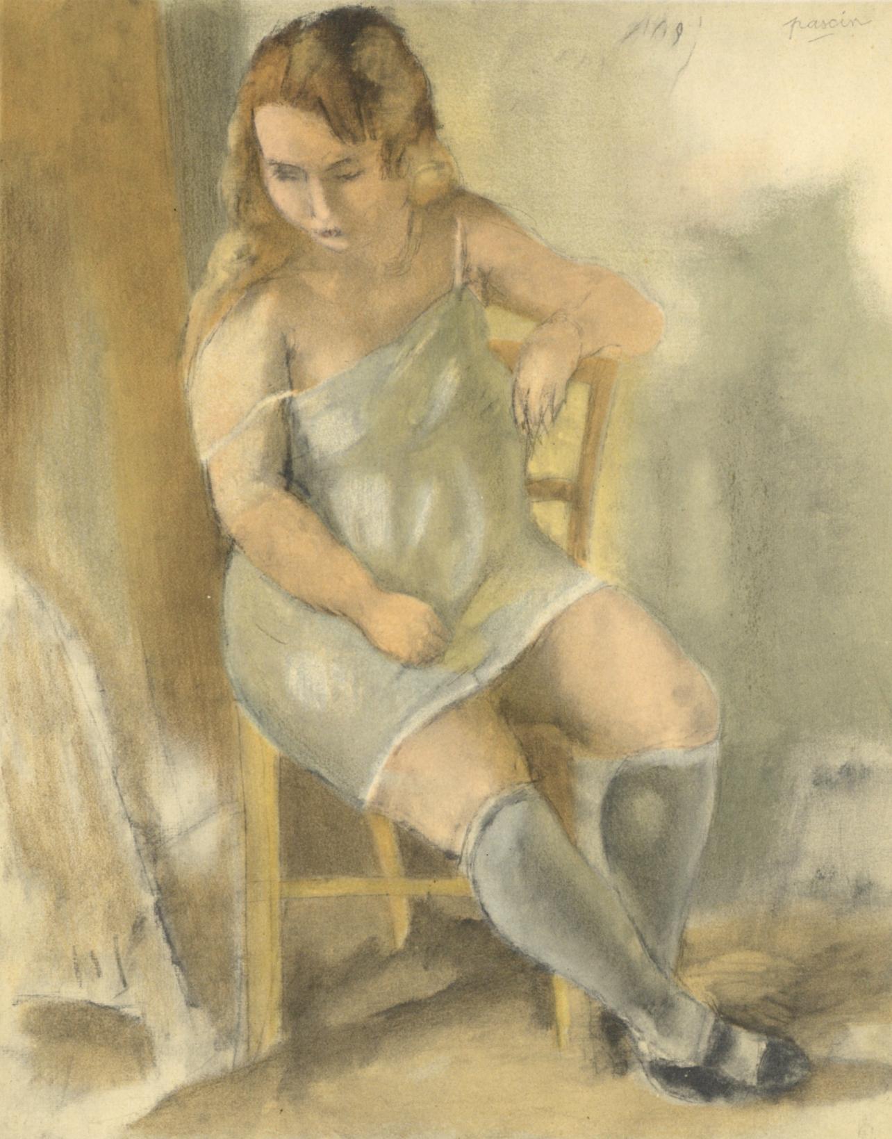 Jules Pascin Figurative Print - Pascin, Marcelle à la Chemise bleue, Pascin (after)