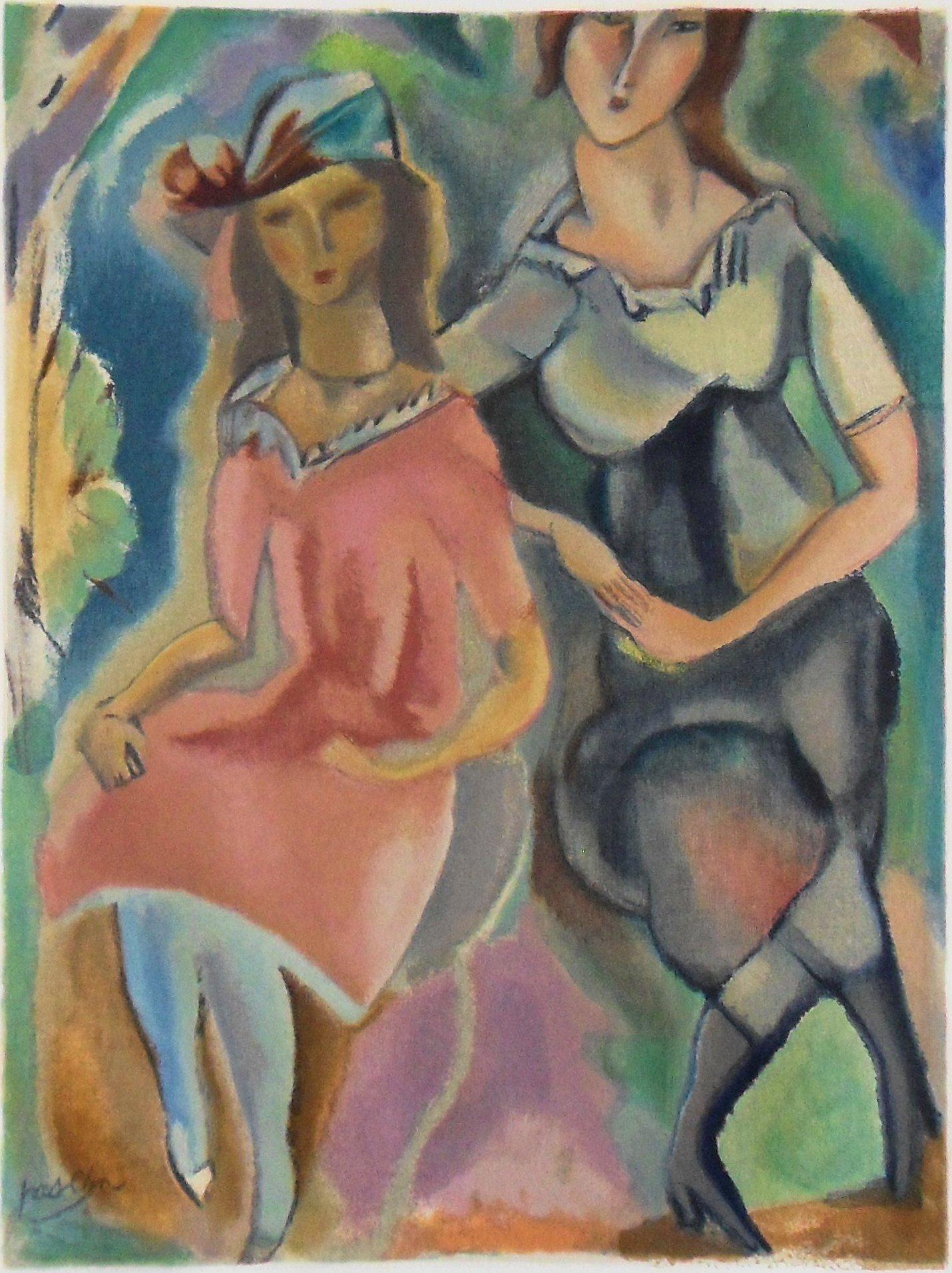 Le sorelle - xilografia originale - 1965 - Figurative Print Grigio di Jules Pascin