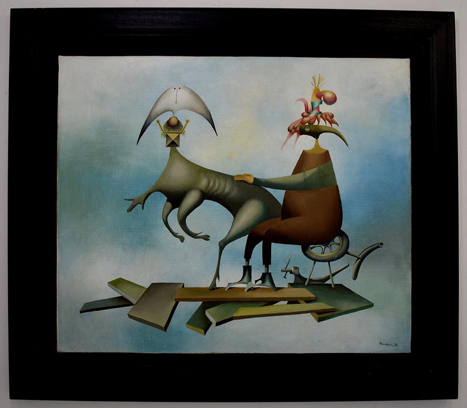 Eine vergessene fliegende Maschine - Rumänisch-französischer Surrealismus – Painting von Jules Perahim