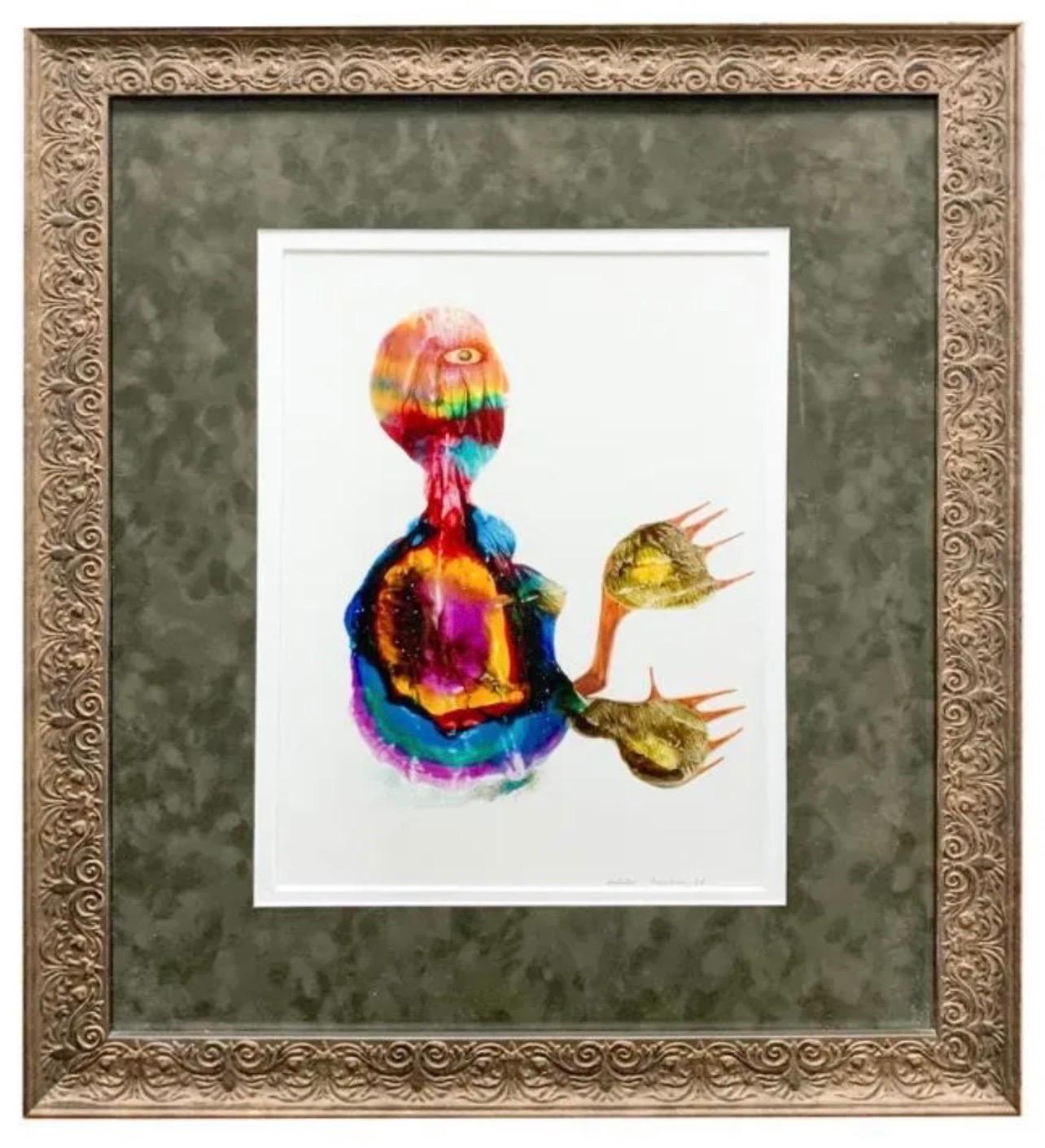 Jules Perahim (Born: 1914; Bucharest, Romania - Died: 2008; Paris, France)
Oil painting on paper depicting a figure with abstract multicolor design. (this might be gouache on paper)
Hand signed in pencil lower right and titled "Imitator". 
Mounted