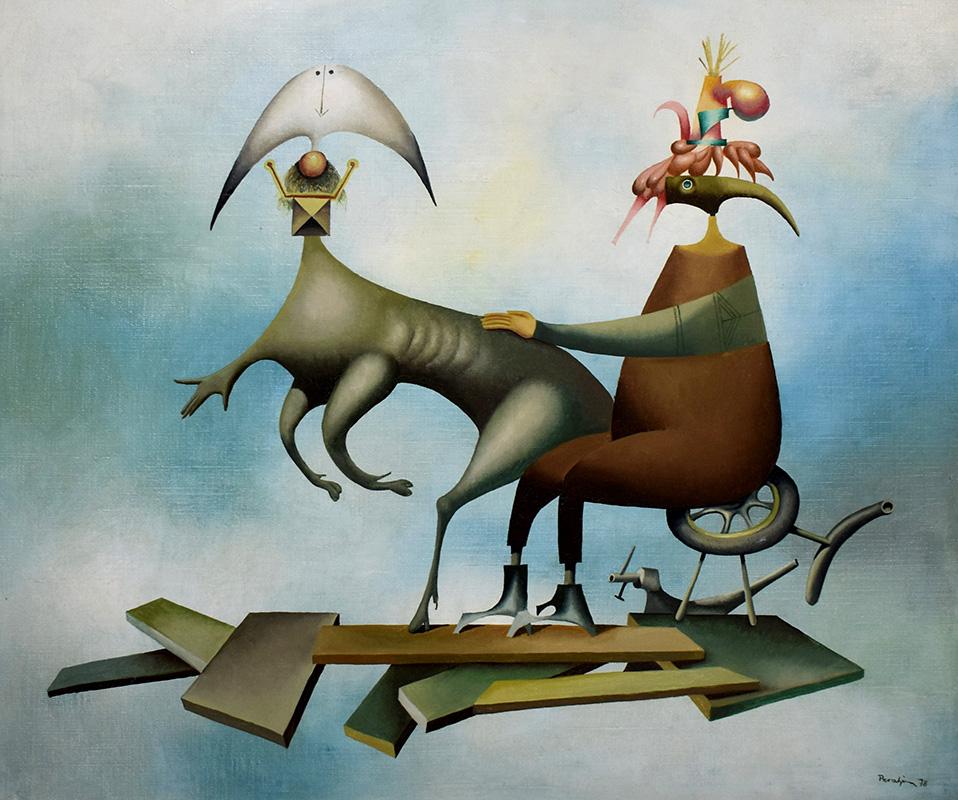 Jules PERAHIM Figurative Painting - A Forgotten Flying Machine - Oil on Canvas - Romanian French Surrealism