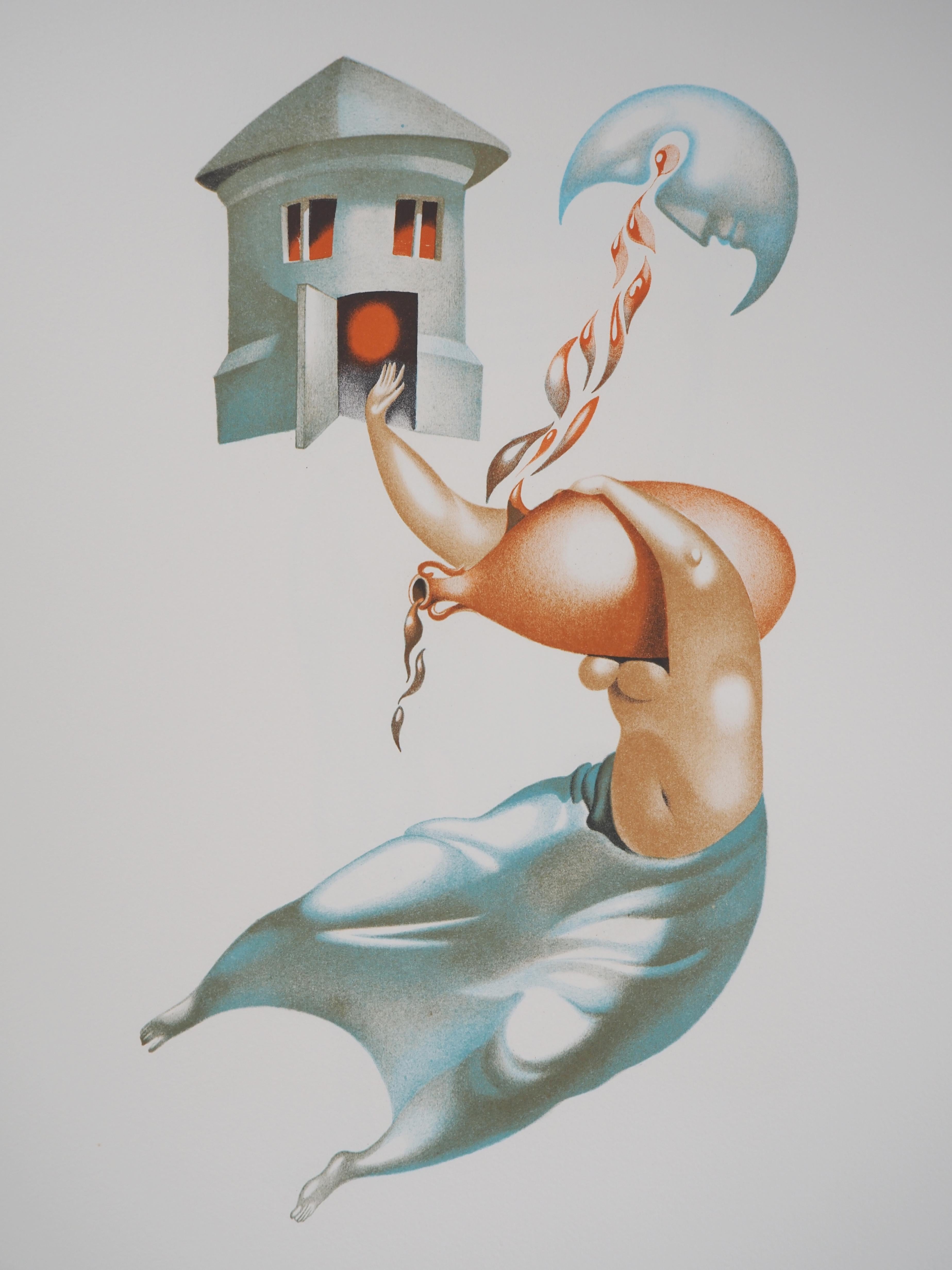Abbondanza: Luna, Casa e Vino - litografia originale, firmata - Print Surrealismo di Jules PERAHIM