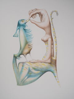 Feeding the Blue Bird - Original lithograph, Signed