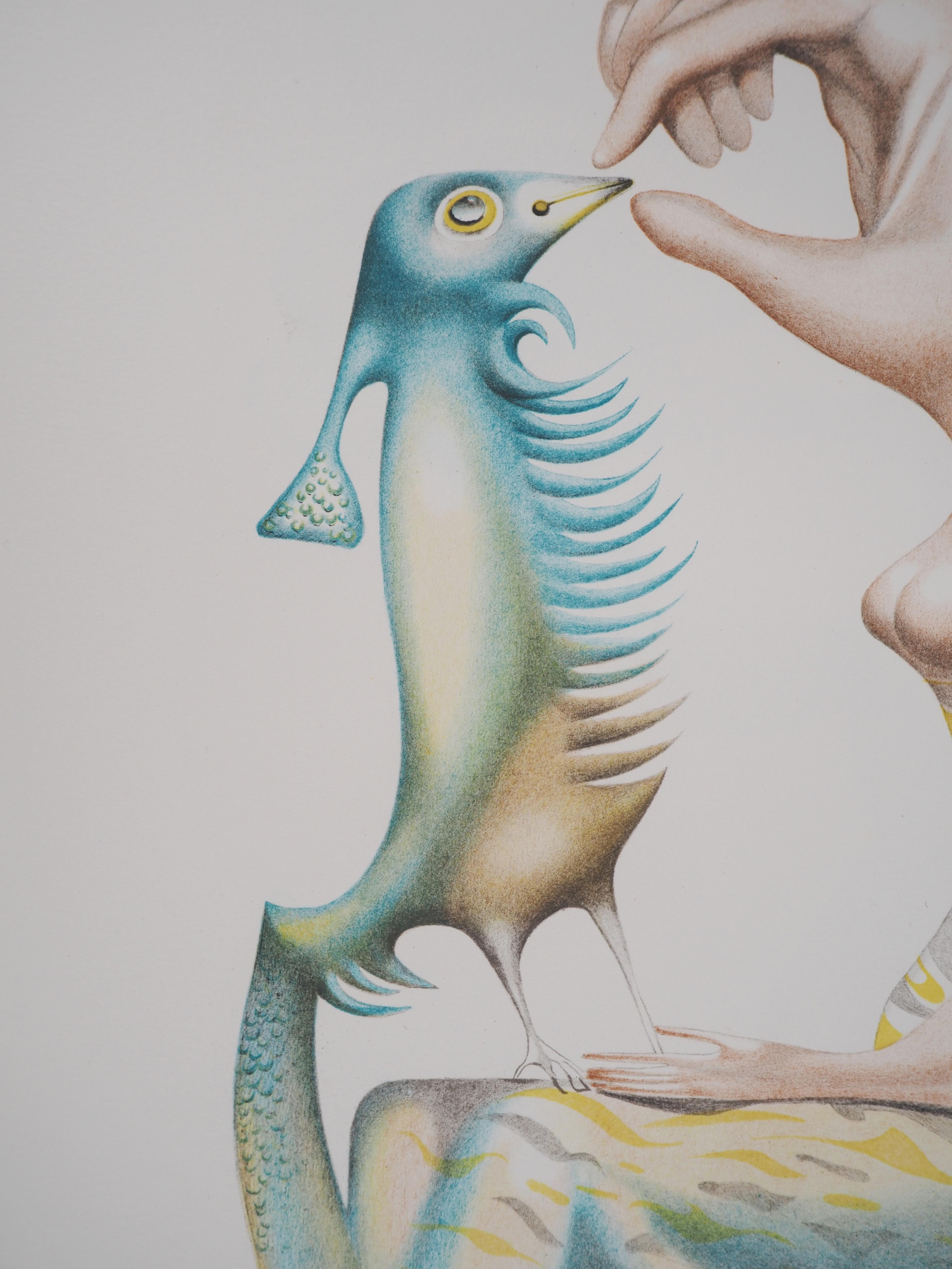 Feeding the Blue Bird - Original lithograph, Signed - Surrealist Print by Jules PERAHIM