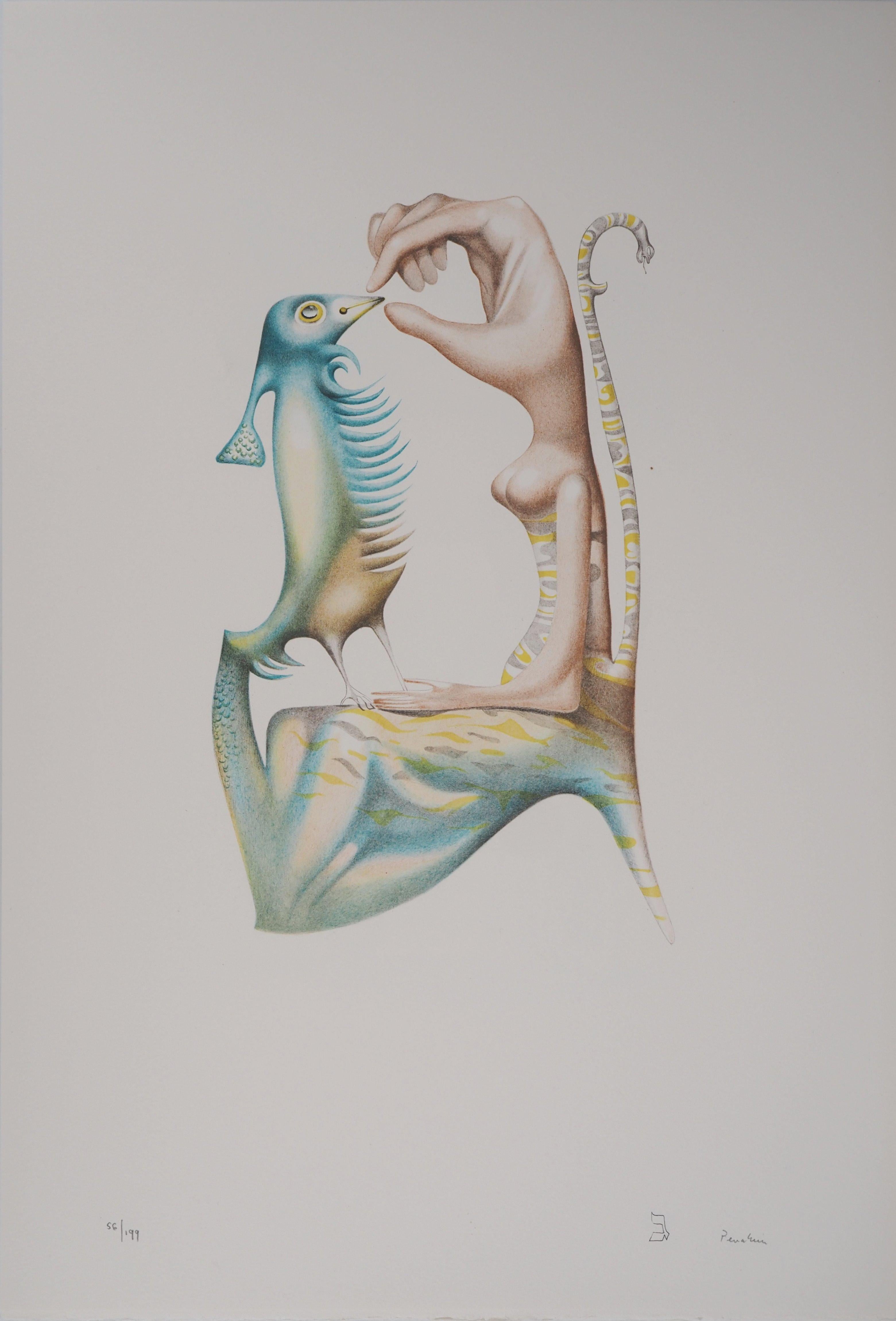 Figurative Print Jules PERAHIM - Feeding the Blue Bird - Lithographie originale, signée