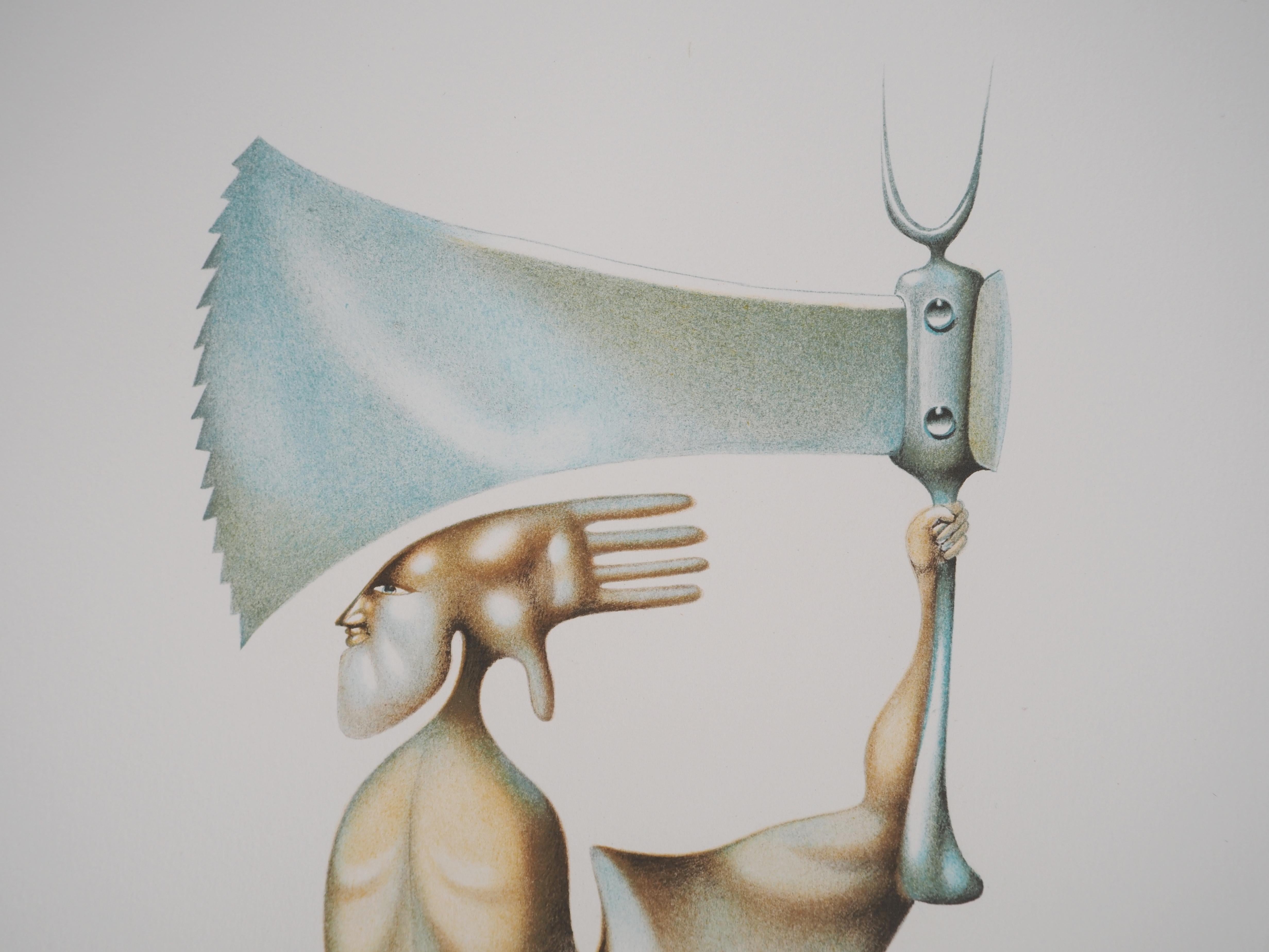 Hunter with an Axe - Original lithograph, Signed - Gray Figurative Print by Jules PERAHIM