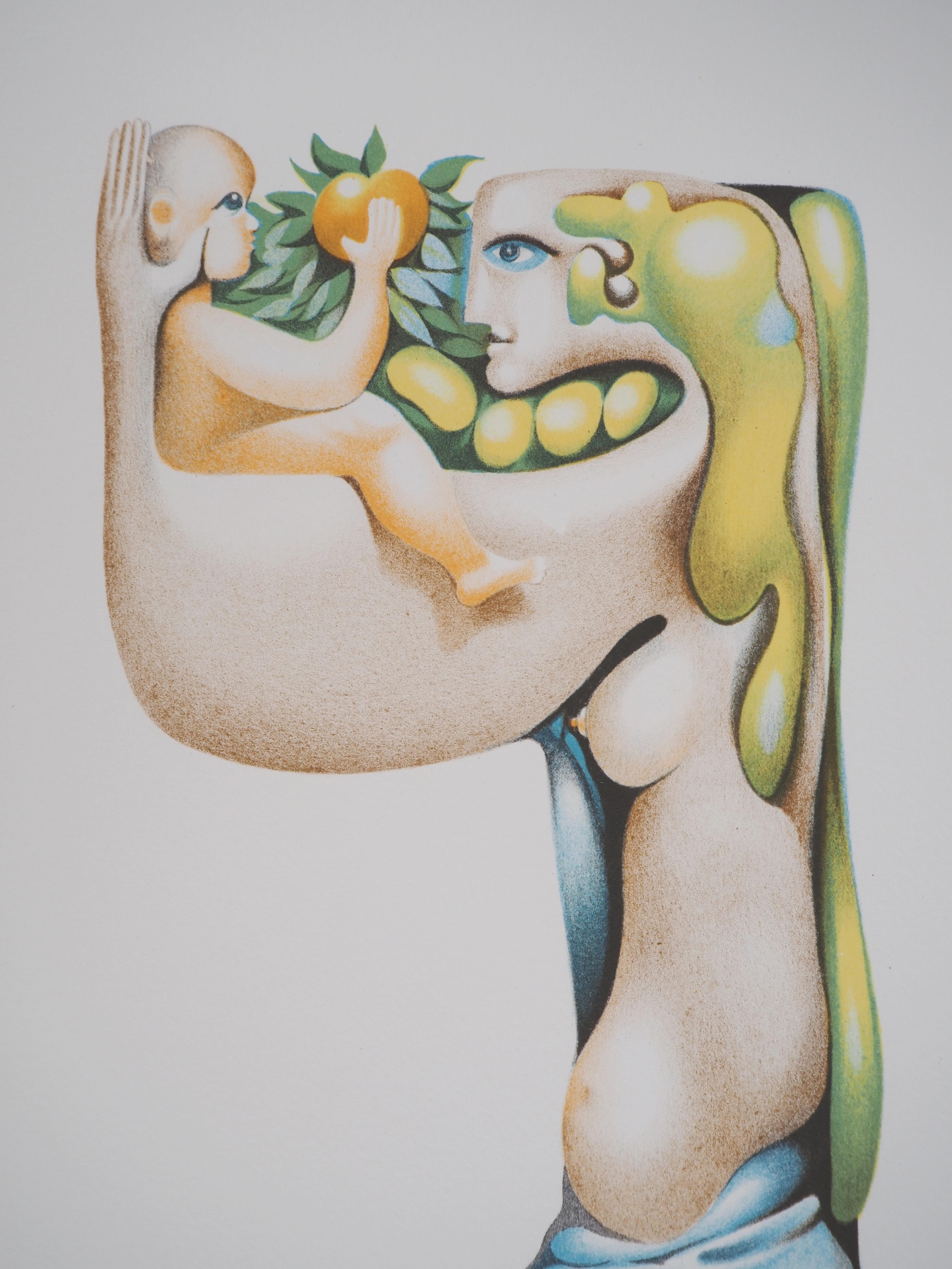 Maternité mystique : enfant avec une pomme - Lithographie originale, signée - Surréalisme Print par Jules PERAHIM