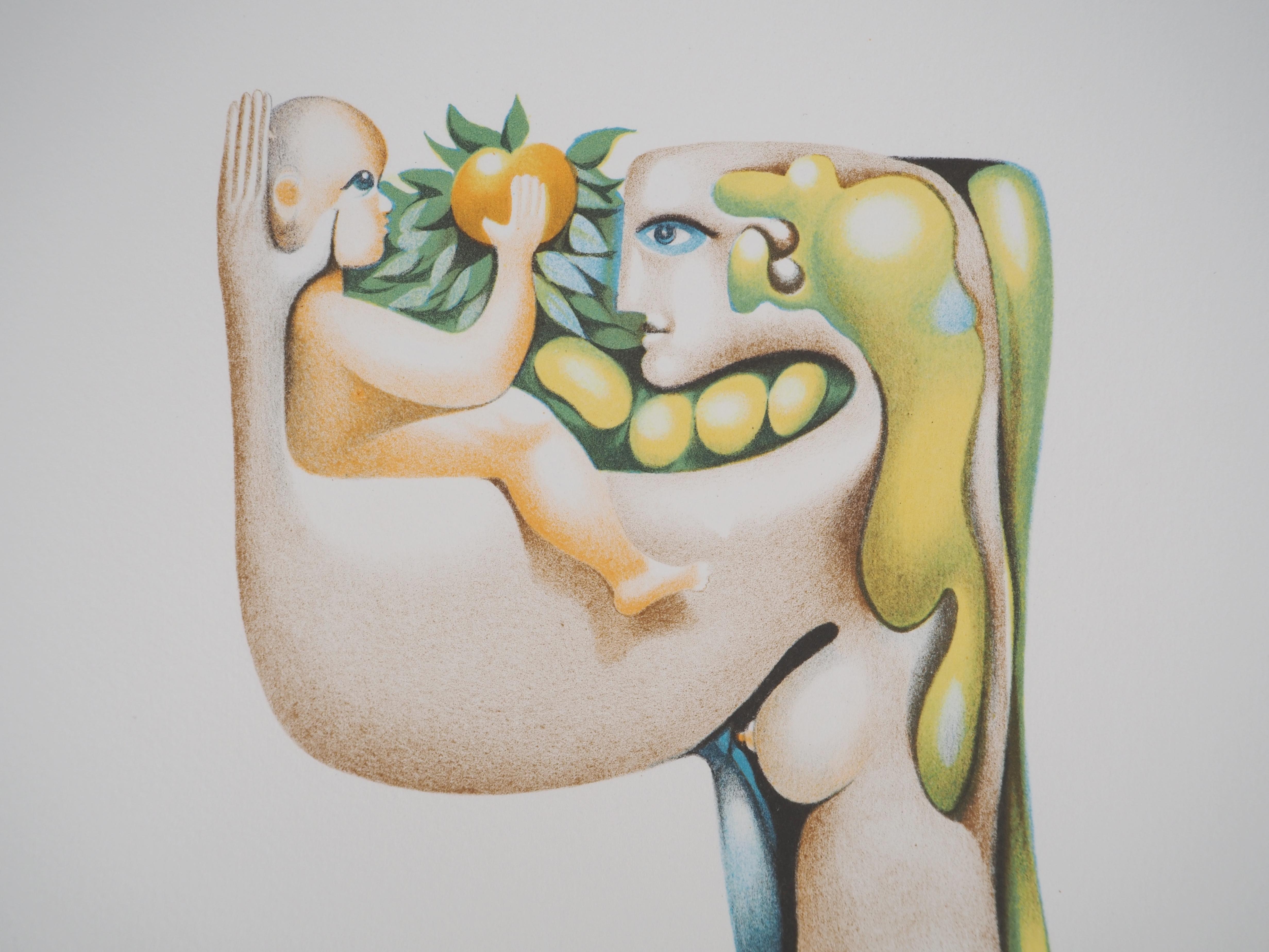 Maternité mystique : enfant avec une pomme - Lithographie originale, signée - Gris Figurative Print par Jules PERAHIM